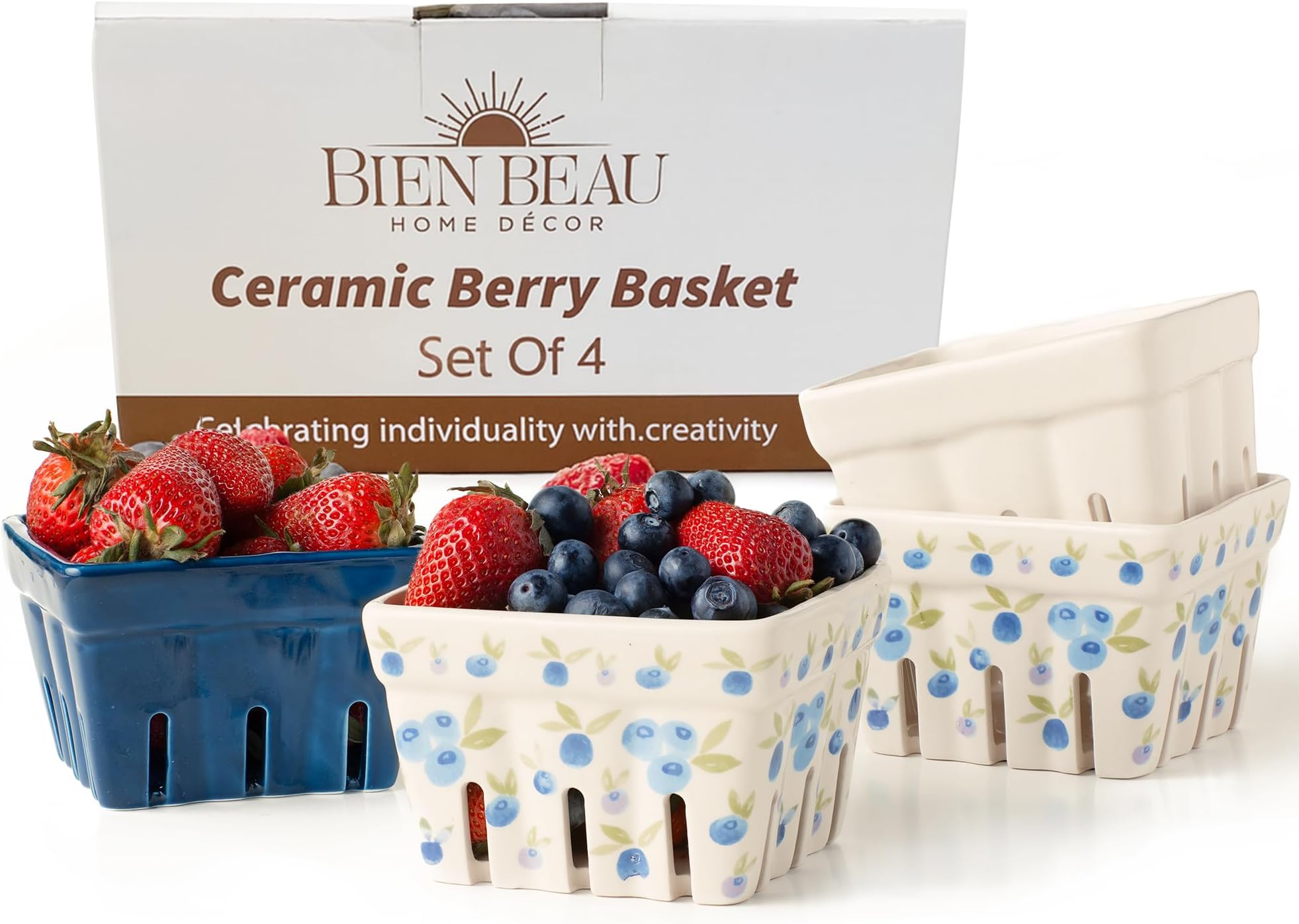 Ceramic Berry Basket, Farmhouse Colander, Farmers Market square Bowl. Rustic Kitchen decor fruit bowls, Fruit Baskets, Bleu White and Blueberry pattern Stoneware Harvest Bowls Set of 4