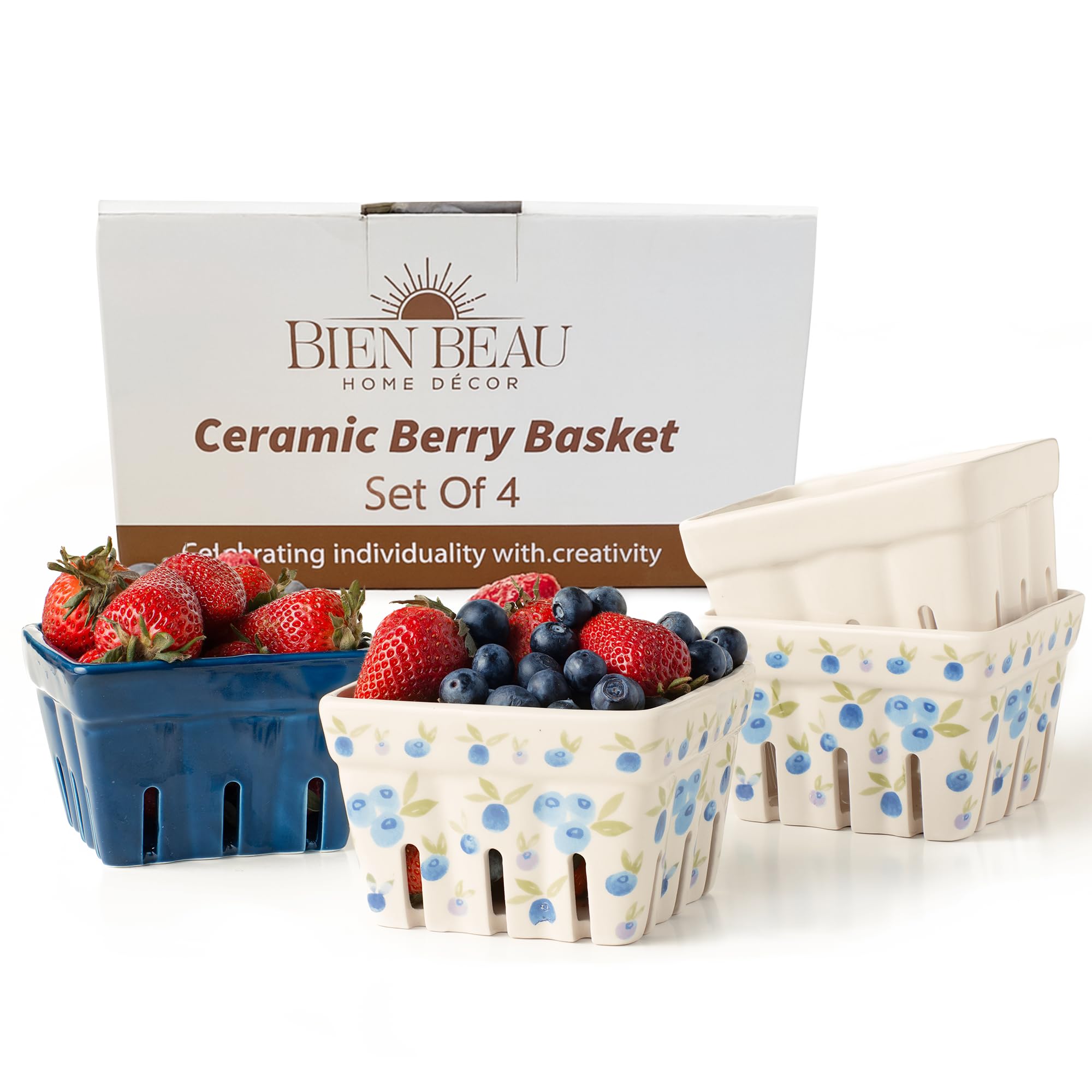 Ceramic Berry Basket, Farmhouse Colander, Farmers Market square Bowl. Rustic Kitchen decor fruit bowls, Fruit Baskets, Bleu White and Blueberry pattern Stoneware Harvest Bowls Set of 4