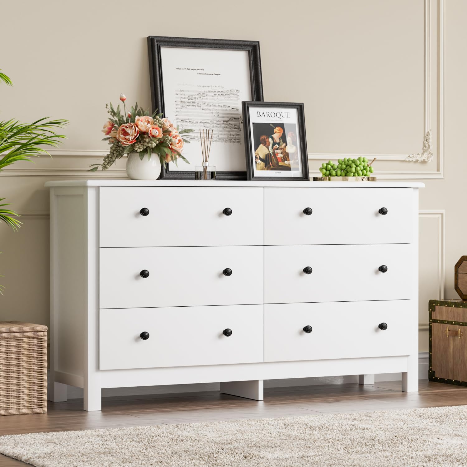 White Dresser, Modern 6 Drawer Double Dresser for Bedroom Adults & Kids with Black Pulls, Wide Dressers & Chests of Drawers, 6 Drawer Dressers