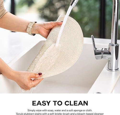 Miniatura 5 de Juego de 4 manteles individuales redondos tejidos de plástico, lavables y lavables para mesa de comedor, resistentes al calor, antideslizantes,