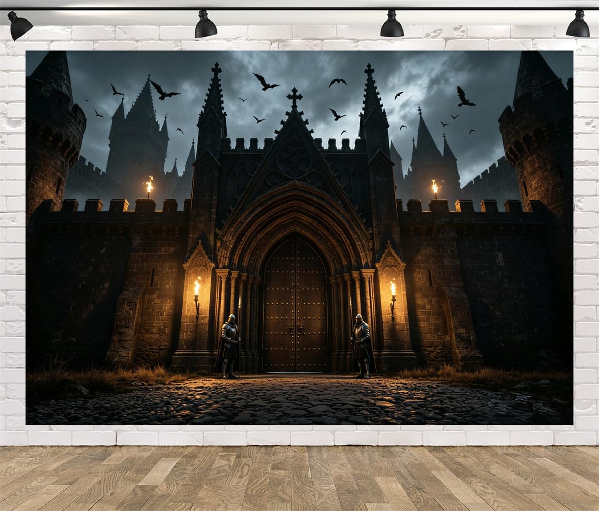 BELECO 3.6x3m Sfondo in tessuto Castello Medievale Infestato Gotico | Castello Spaventoso Oscuro Cavalieri Torce Pipistrelli Sfondo Festa Halloween Telo Di Sfondo