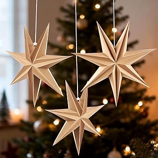 Christmas 3PCS 12inch 7-Pointed Wood Brown Paper Star Hanging Decoration Set Holiday Decor Stars Shape Landerne for Birthday Party Tree Xmas Home Decor