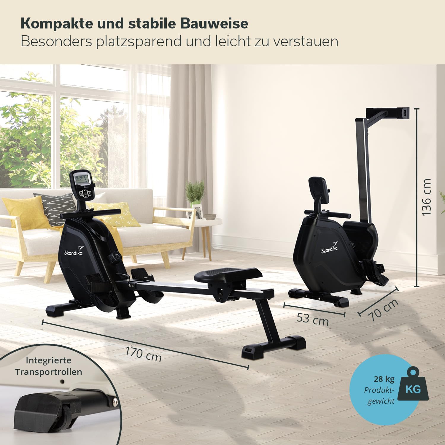 Skandika Wioślarz Munin | wioślarz do domu, składany, 16-stopniowy opór magnetyczny, 8 kg, kompatybilny z aplikacją Kinomap, urządzenie fitness (czarne)
