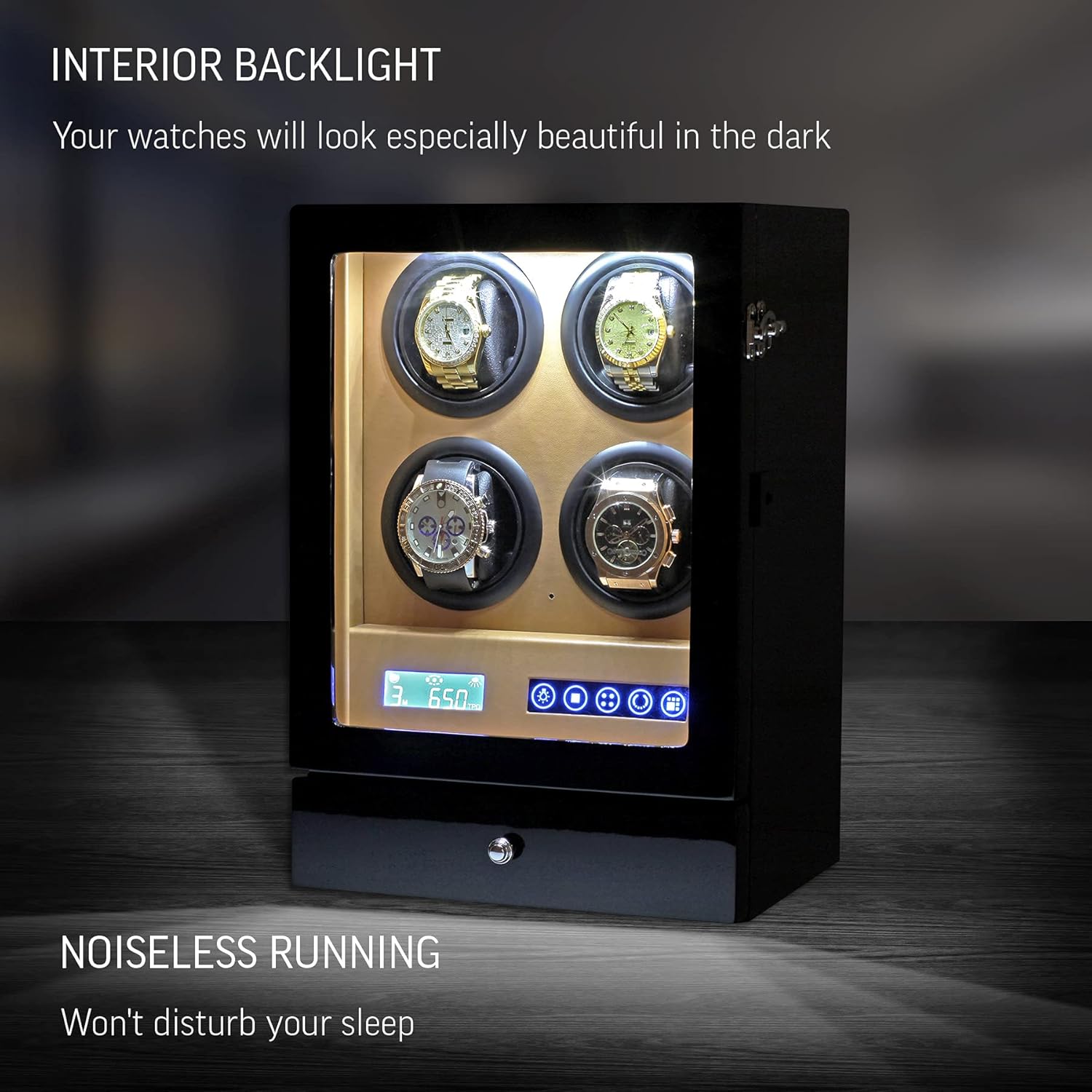 Automatic Watch Winder Box with Watches and Jewellery Storage Drawer, LED Backlight and LCD Touchscreen Control (Black + Brown) : Clothing, Shoes & Jewelry