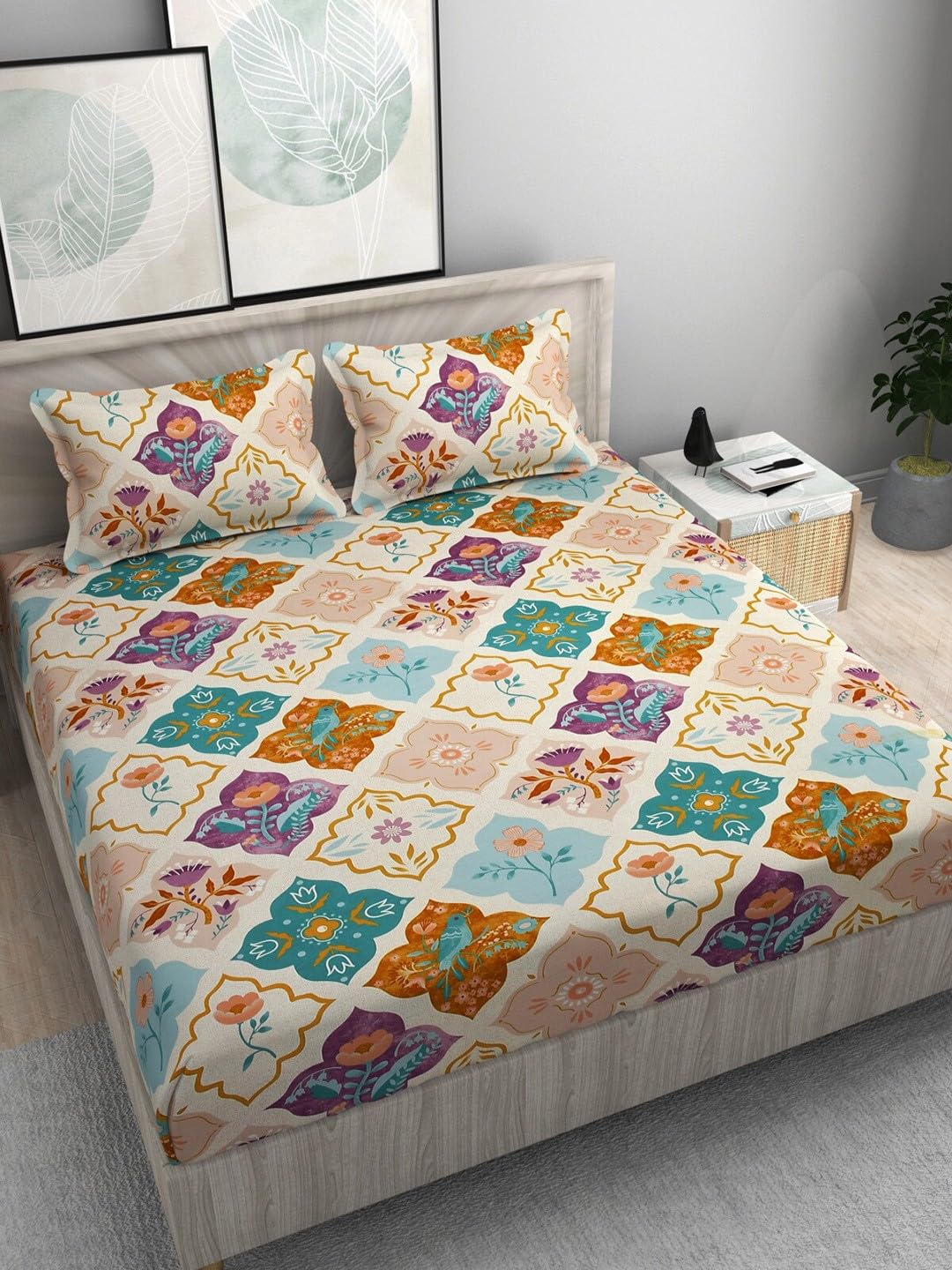 DECOMIZER Cotton Feel Glace Cotton 300 TC Elastic Fitted Printed King Size Double Bed Bedsheet with 2 Pillow Coverm Fits Upto 8 inches Mattress, Size- 72x78x10 Inches, Quad Flower, Crystal Flower