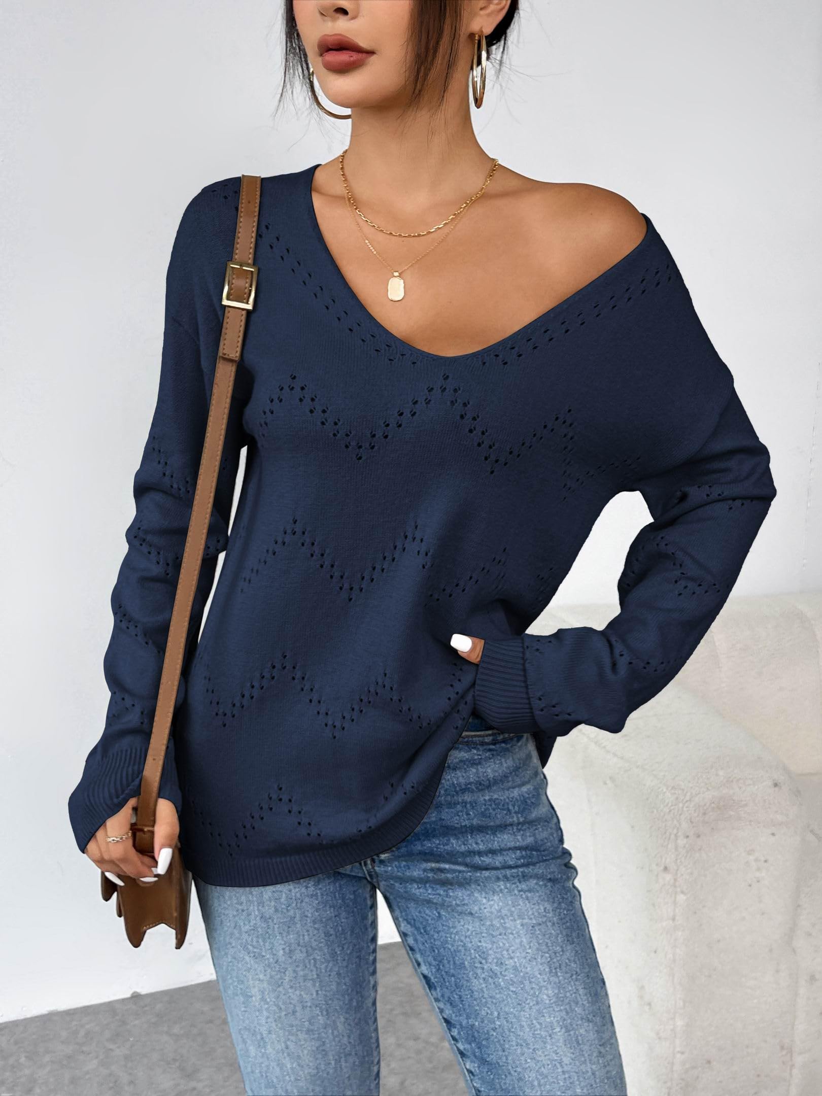 Zeagoo Pull Femme Élégant Pull à Col en V Automne Pull en Crochet Manches Longues Mode Pull Uni Décontracté Hauts S-XXL