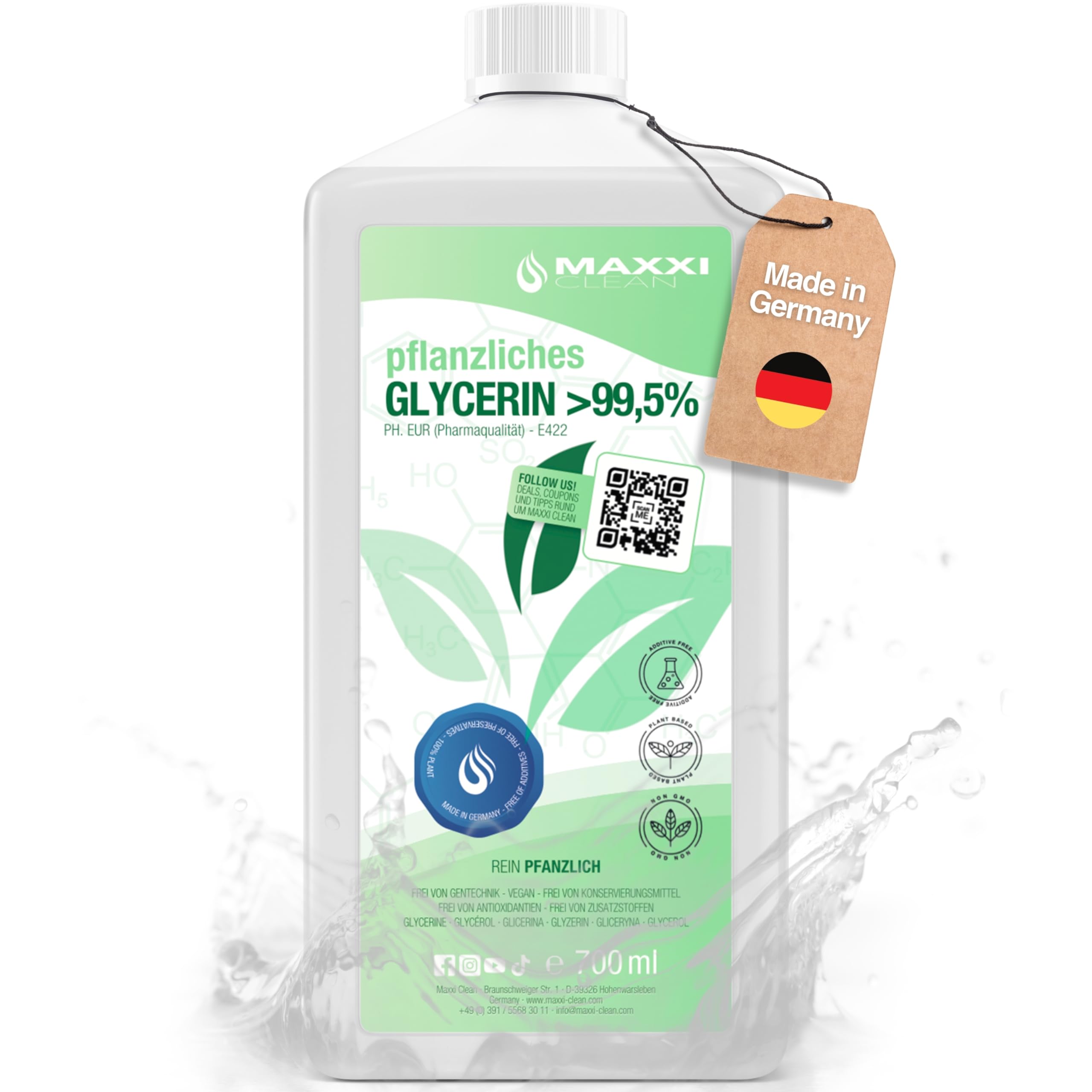 Maxxi Clean | 1x 700 ml Glycerin 99.5% | 100% plant-based & nourishing for cosmetics and DIY projects | E422 Pharmaceutical-grade Glycerol | Made in Germany | suitable for skincare