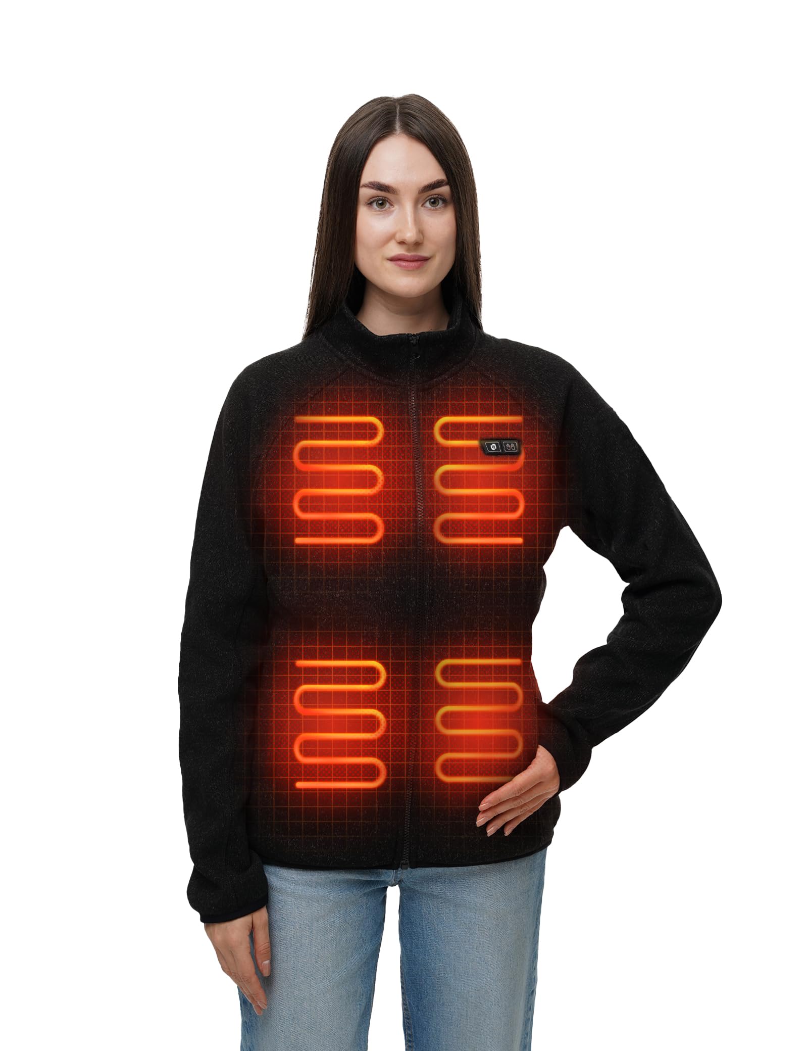 HENNCHEE Heated Fleece Jackets for Women with 12V 16000mah Battery Pack, Zip Up Heating Sweater, Knitted Sweatshirt Coat Black S