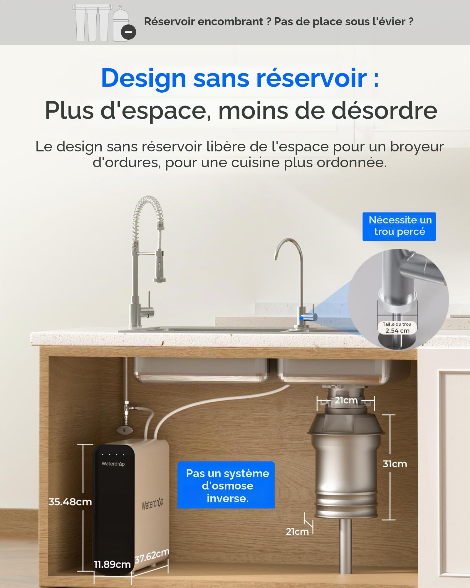 Waterdrop TSU 0,01 μm Ultra-filtration Sous Évier Système de Filtre à Eau, Haute Capacité en 3 Étapes, Panneau Intelligent, Pas D'eaux Usées, Réduire les PFAS, PFOA/PFOS