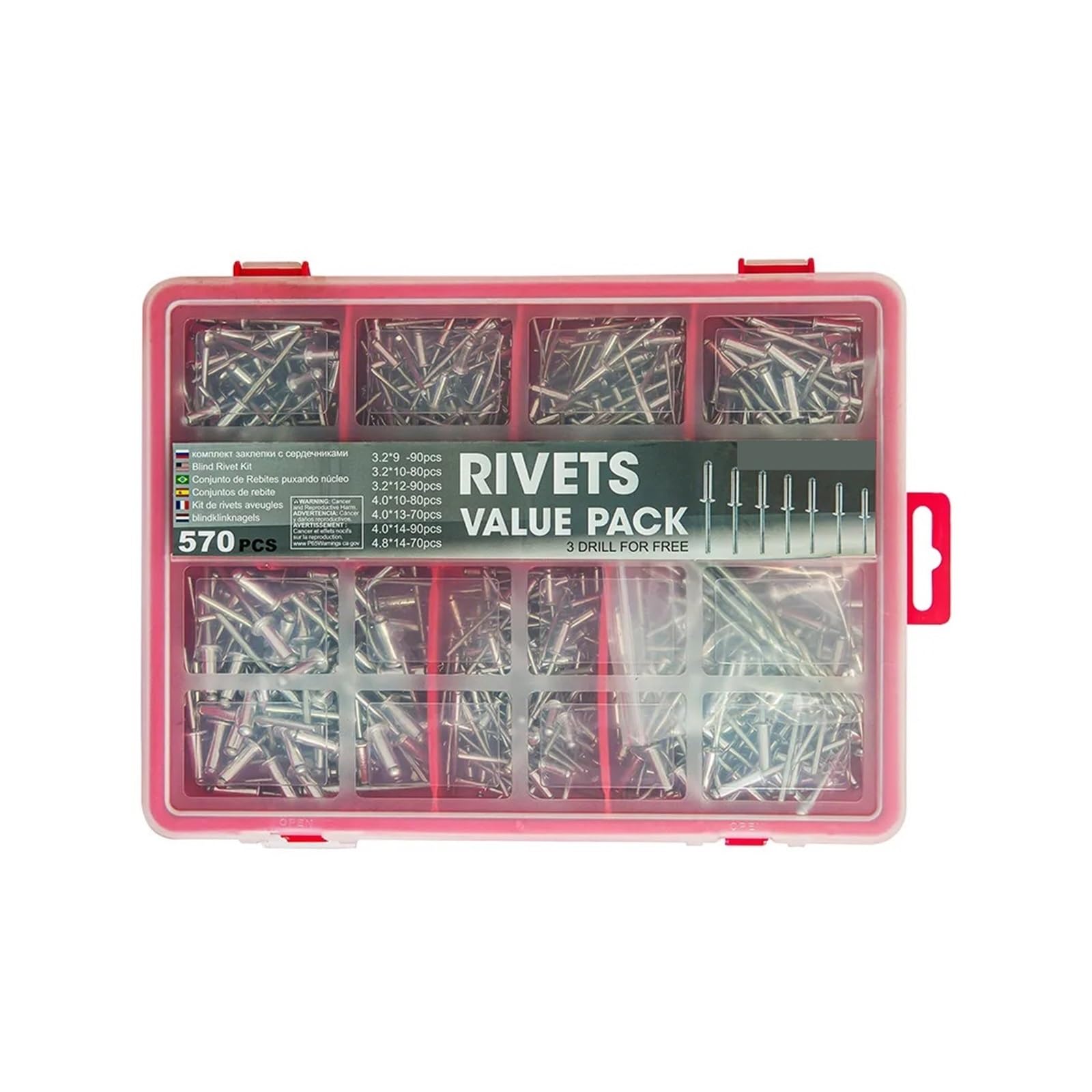 Kit surtido de remaches ciegos con cabeza de cúpula de aluminio de cabeza pequeña, 570 piezas + taladro, 3 piezas de clavos de cobre Remaches