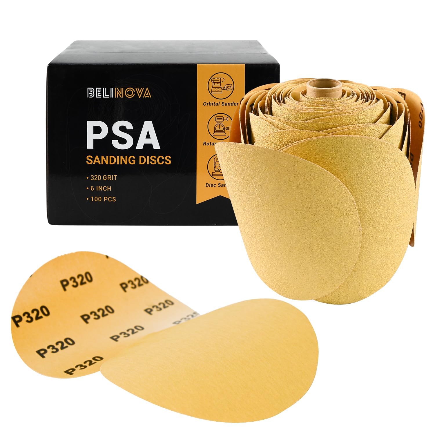 BELINOVA 100PCS 6 inch PSA Sanding Discs 320 Grit Self Adhesive Sticky-Back Sandpaper for DA Sander Aluminum Oxide Self Stick Sanding Paper Sanding