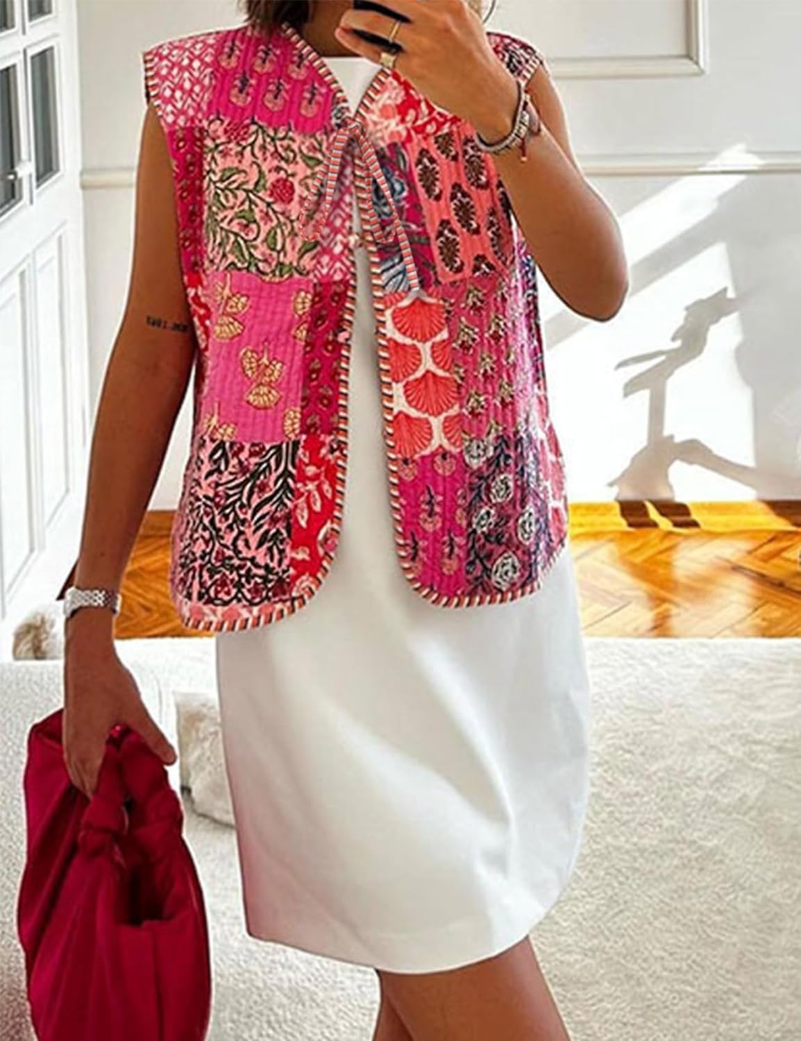 Yimoon Women's Cropped Quilted Vest Floral Printed Puffer Vest Lightweight Sleeveless Tie Front Padded Gilet Outwear - Image 3