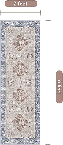 Miniatura 2 de KONYXALU Alfombra de pasillo, 2 x 6, suave, estilo bohemio, vintage, de lana sintética envejecida, alfombra de entrada de pelo bajo, antideslizante,