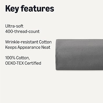 Amazon Basics Deluxe Super Soft 400 Thread Count 100% Cotton Sateen Wrinkle-Free Fitted Sheet, Deep Pocket 12 inch (30 cm), 140 x 200 cm, Dark Grey