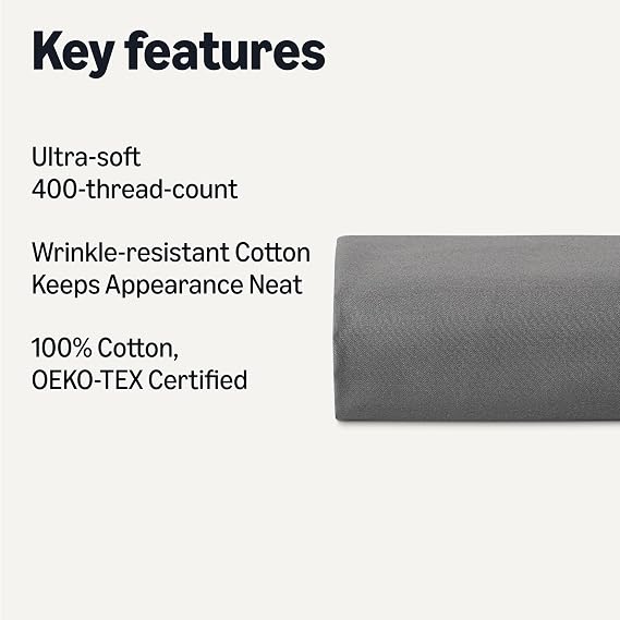 Amazon Basics Deluxe Super Soft 400 Thread Count 100% Cotton Sateen Wrinkle-Free Fitted Sheet, Deep Pocket 12 inch (30 cm), 140 x 200 cm, Dark Grey