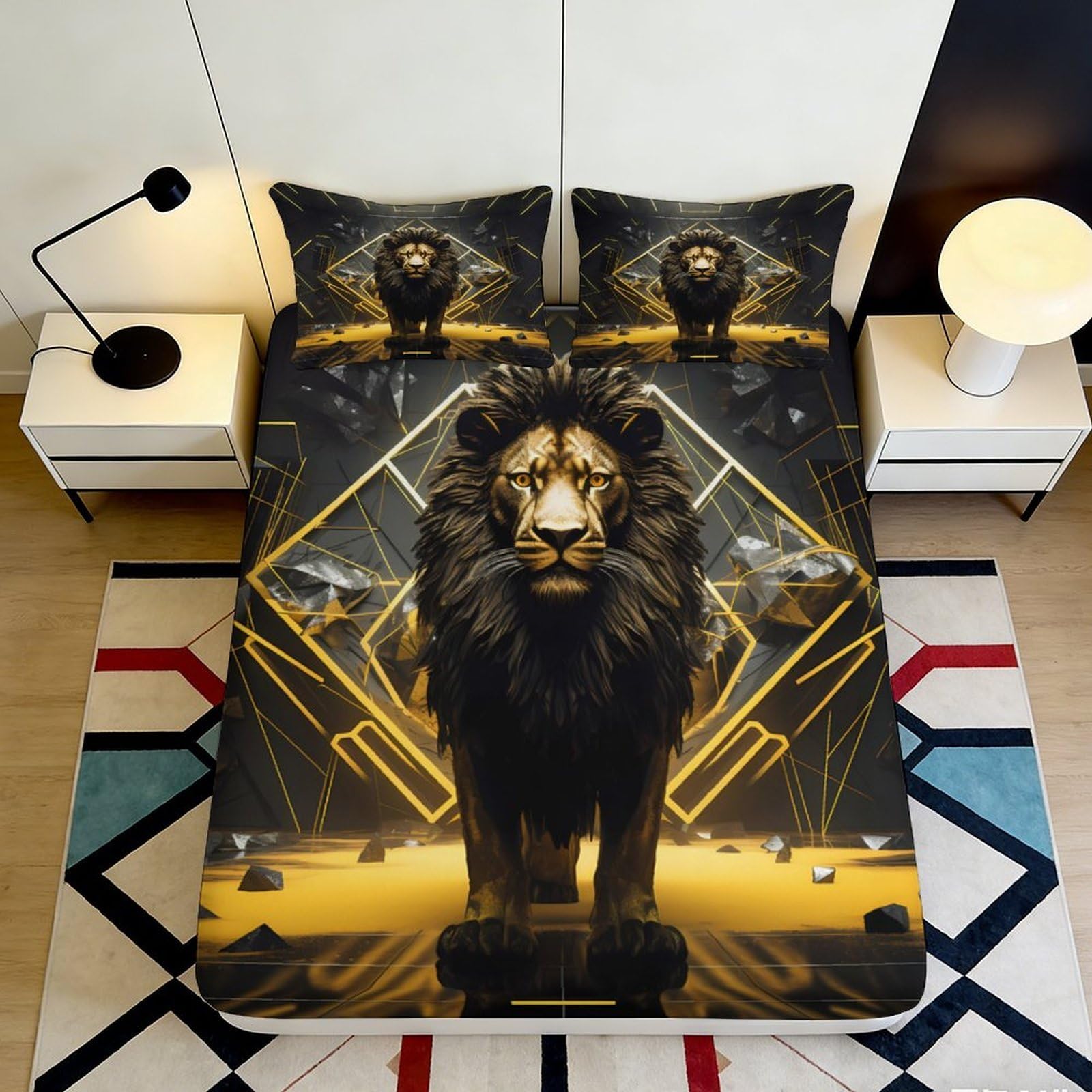 3D Printed Lion Fitted Sheet Microfiber Soft Breathable Golden Geometric Mattress Cover for Bedroom Dormitory Guest Room 200x200x25cm