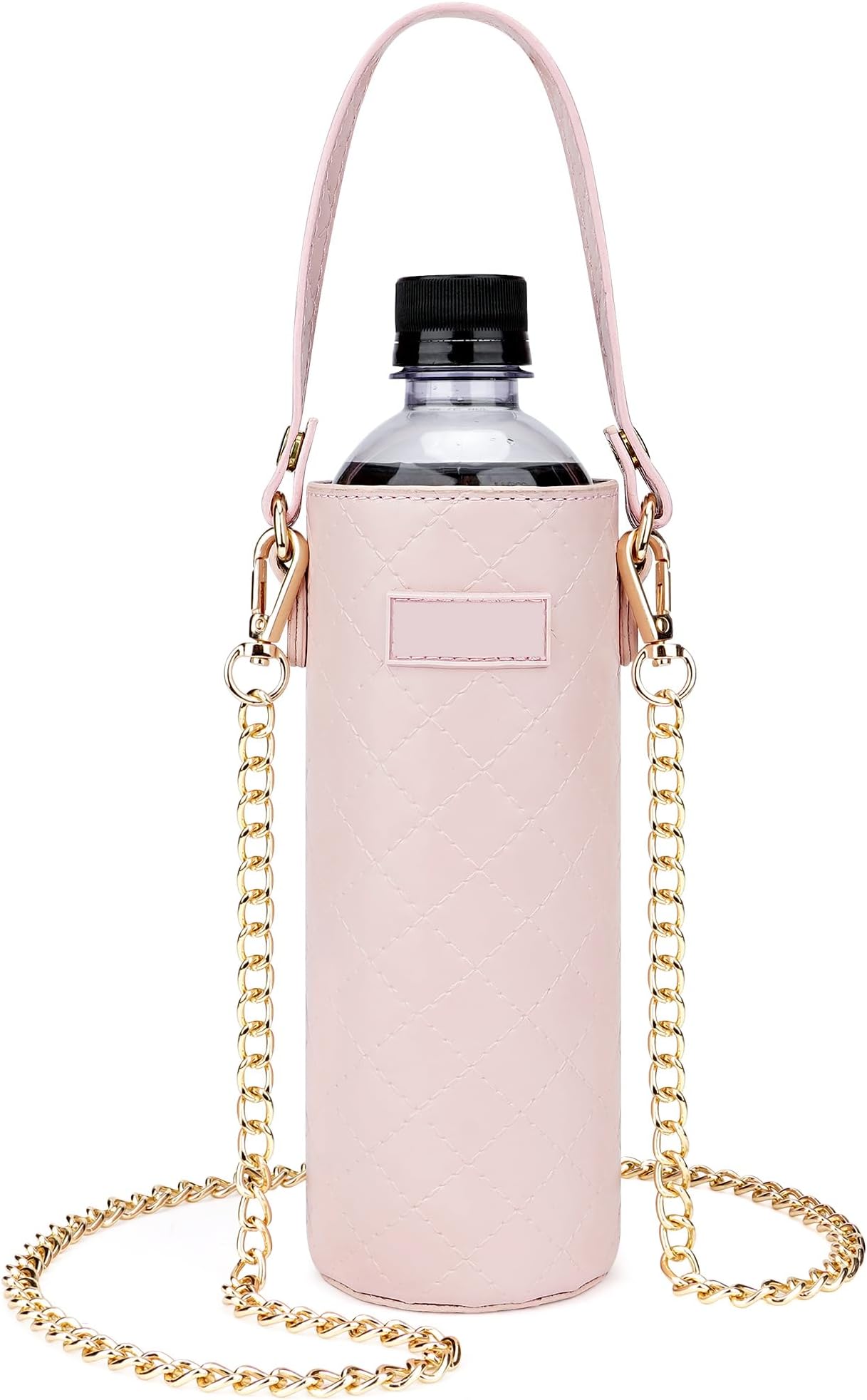 Linkidea Disposable Water Bottle Carrier with Shoulder Strap Compatible with 16.9/20Fl Oz Smartwater, Lifewtr, Vegan Leather Plastic Bottled Water Cover Holder, Pink