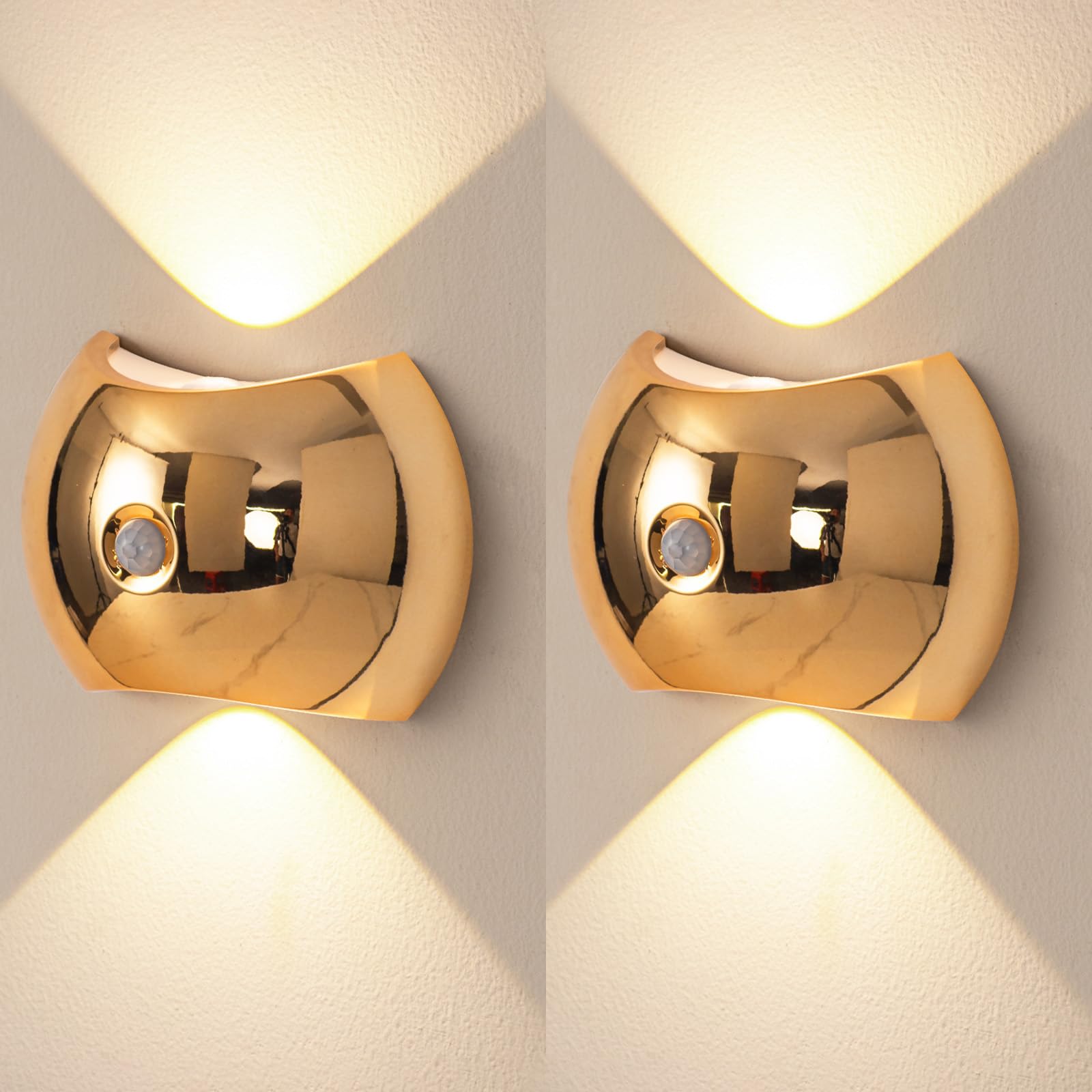 LED Moderna Apliques de Pared Interior con Sensor de Movimiento Lámpara de Pared 3 Modos de Color Iluminación de Pared USB Recargable para Pasillo Escalera Habitación (Oro,2 Piezas)