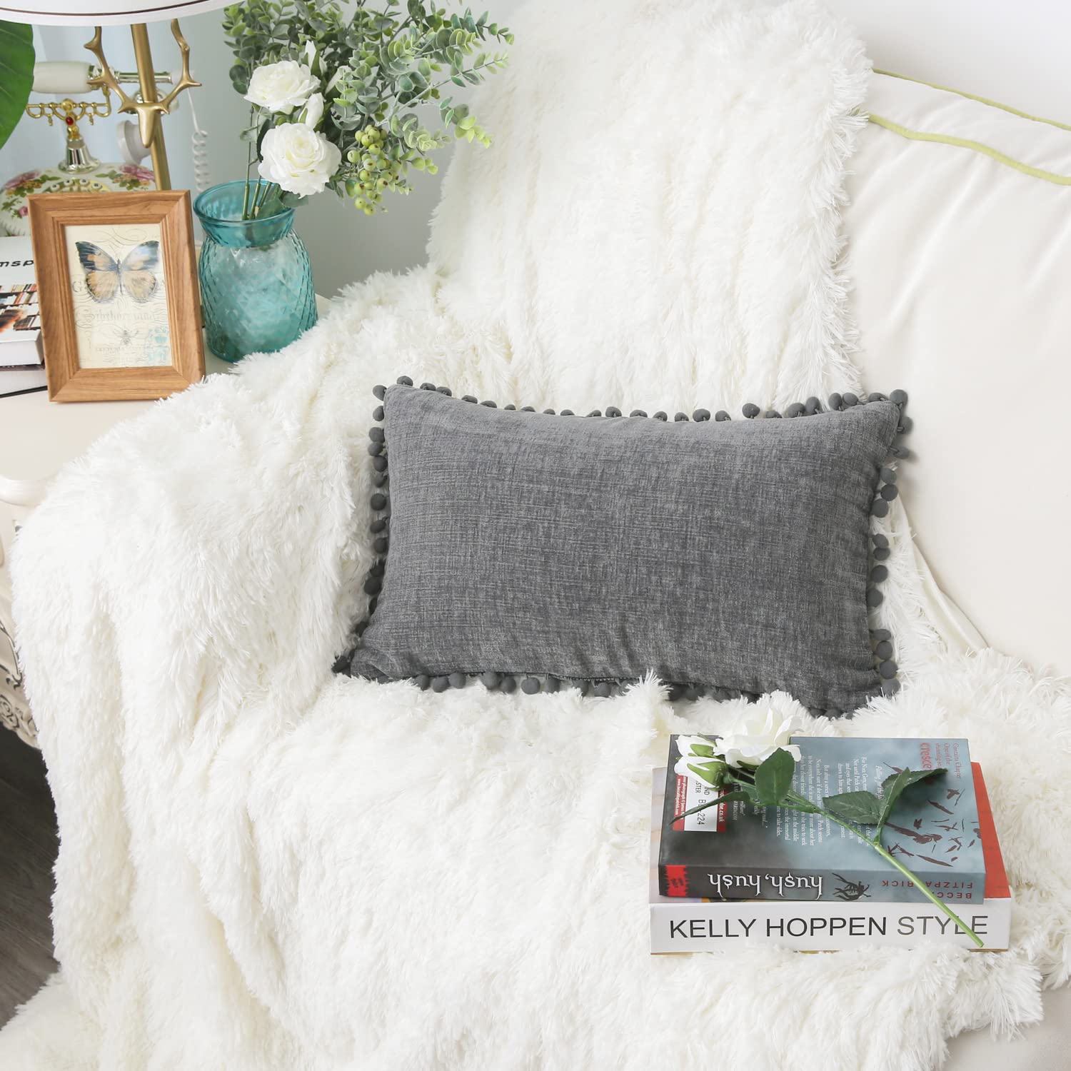 CaliTime Pillow Cases Pack of 2 Cozy Solid Dyed Soft Chenille Cushion Covers with Pom Poms for Couch Sofa Home Decoration 30cm x 50cm Medium Grey - Image 3