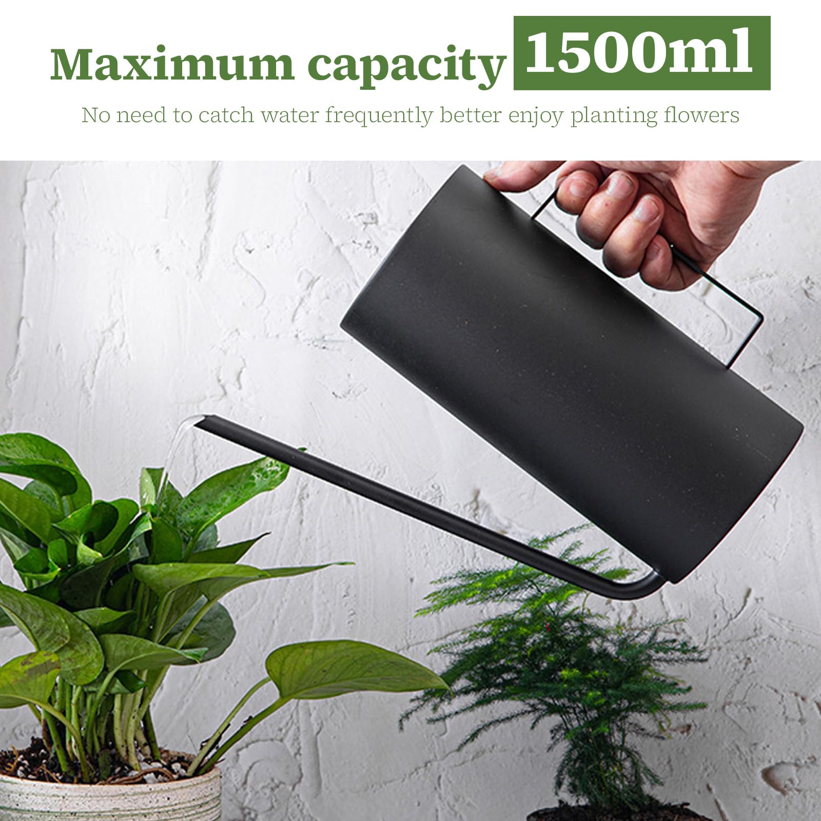 Annaffiatoio in Acciaio Inox,1.5 L Annaffiatoio Piccolo Moderno per Piante da Interno con Beccuccio Lungo Lnnaffiatore Giardino,per Casa,Bonsai(Nero)