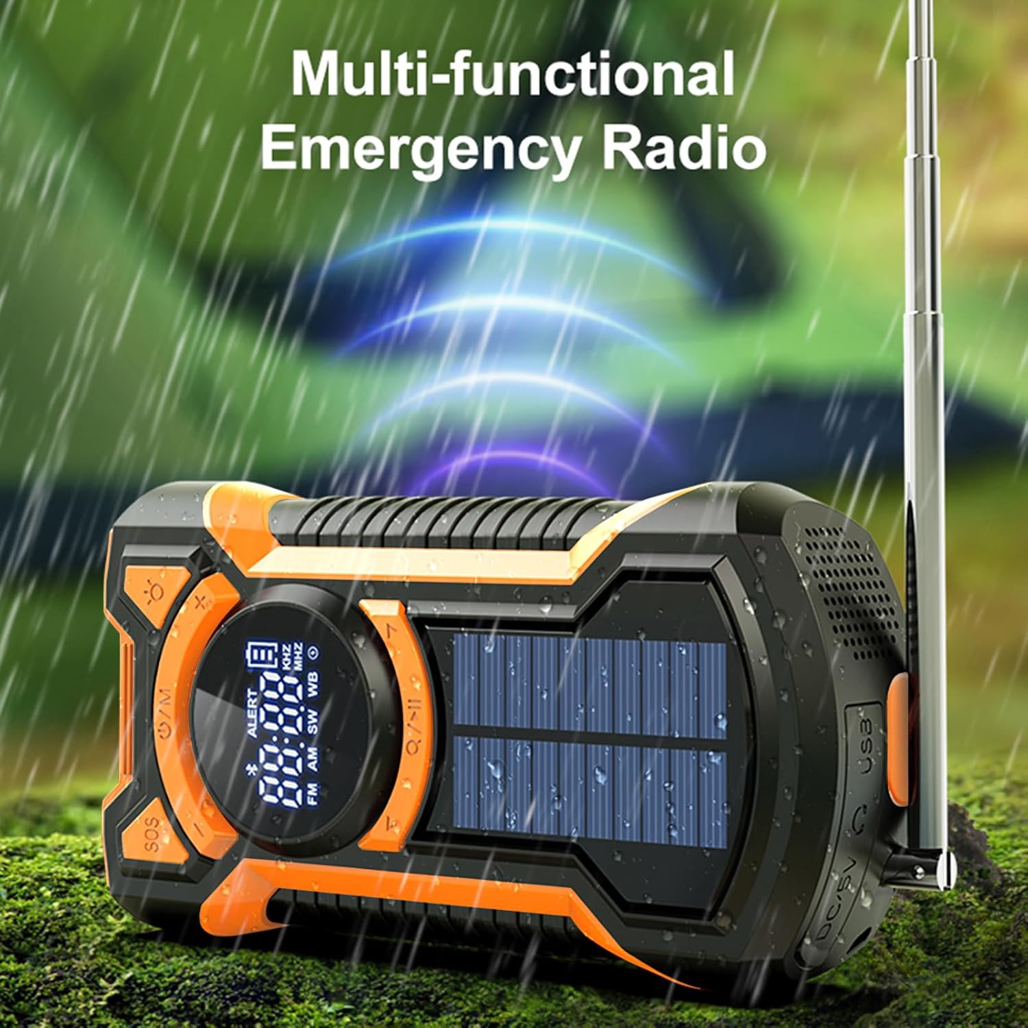 Gemmac EM03 Emergency Radio in a rainy outdoor setting, highlighting its multi-functional capabilities and weather resistance.