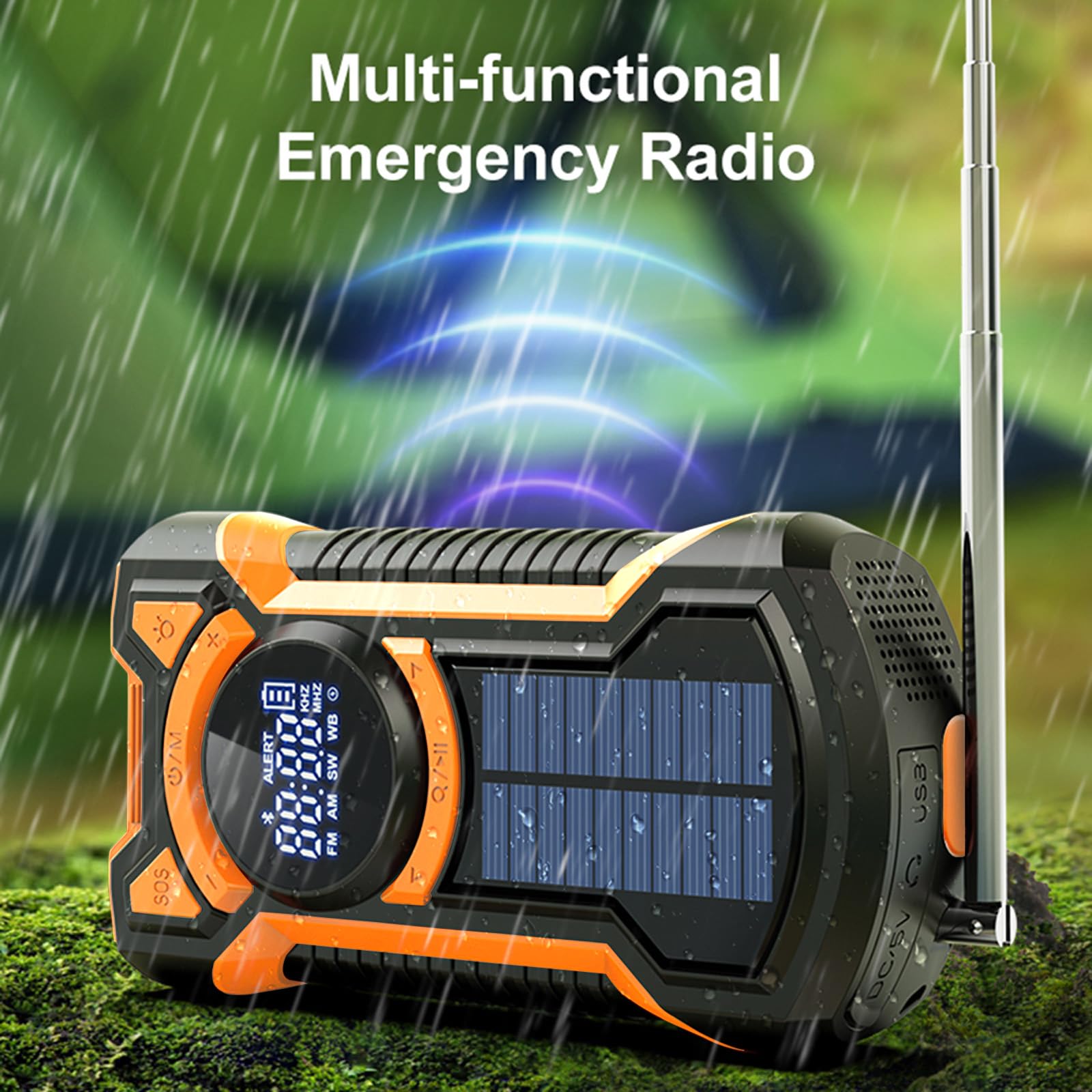 Rechargeable Portable Radio Dynamo avec Lampe de Poche LED, Power Bank 5000mAh AM/FM Radio Manivelle Solaire, SOS Alarm/Lampe Poch/3W Haut-parleurs, Outdoor, Emergency