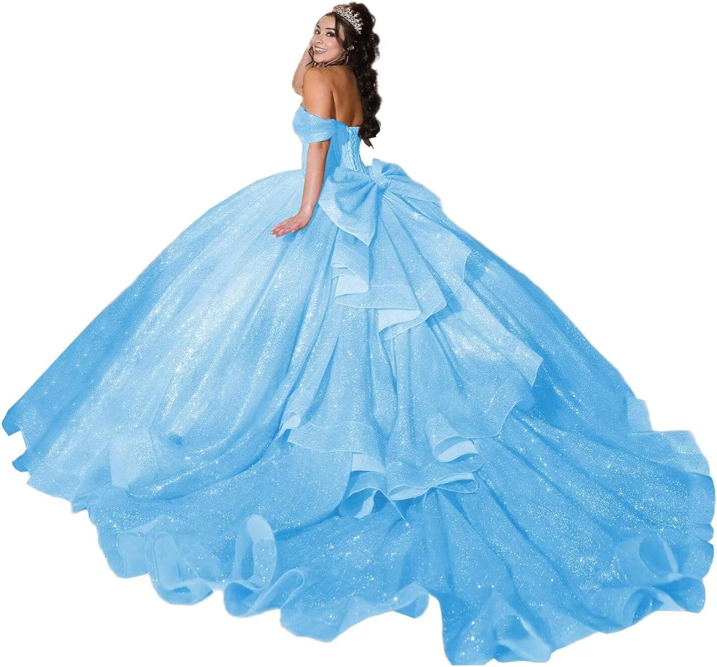 Glitter Tulle Quinceanera Dresses with Bow Ruffle Layered Sweet 16 Dress with Train Off Shoulder Bead Ball Gowns