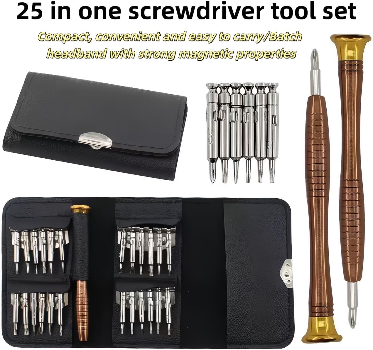 Precision Screwdrivers, 25-1 Repair Kit, Screwdriver Set with Leather Case, Professional Opening Tools for Mobile Laptop Glasses, Star/Y-type/Flat-blade/Triangle Screwdrivers