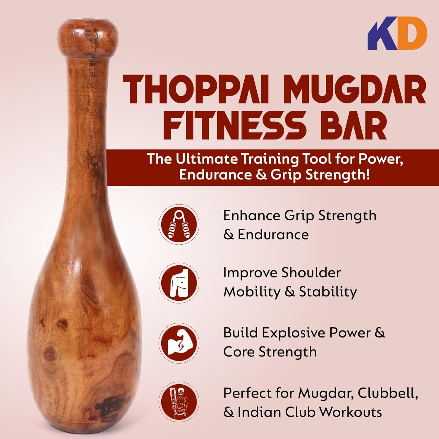 KNK Thoppai Mugdar Fitness Bar – Traditional Indian Wooden Club for Core Strength & Balance