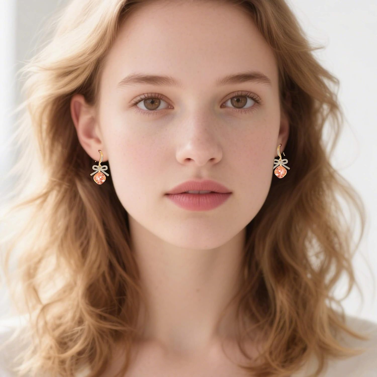 EVEVIC Austrian Crystal Cushion Bow Drop Earrings for Women 14K Gold Plated Hypoallergenic Dangle Earring Jewelry Gifts - Image 2