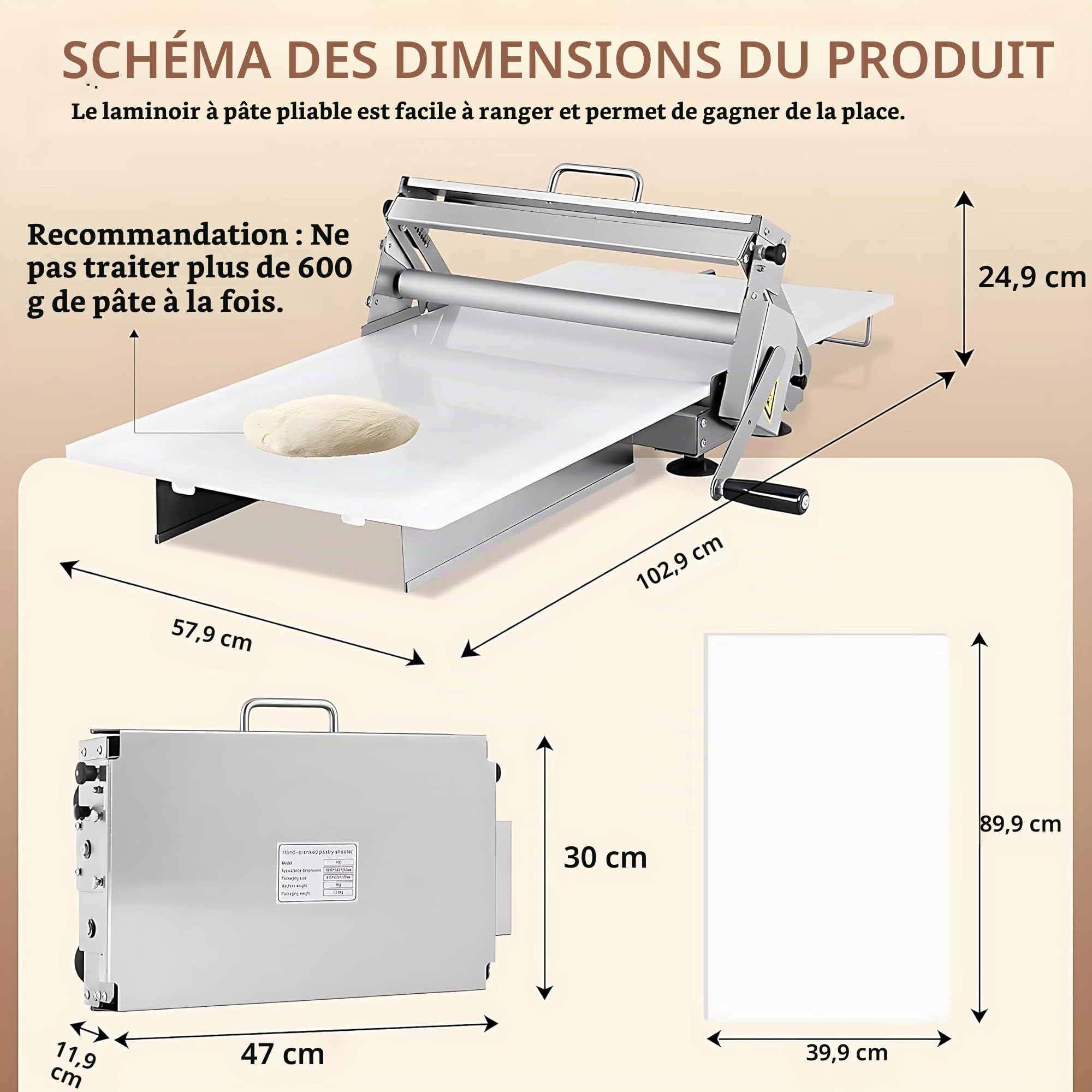 Petit Coupe-PâTe, Laminoir Pliable, 0.5-2.5cm PéTrin à éPaisseur RéGlable, Acier Inoxydable, Laminoir Pliable pour Boulangeries et PâTisseries Width15.74in