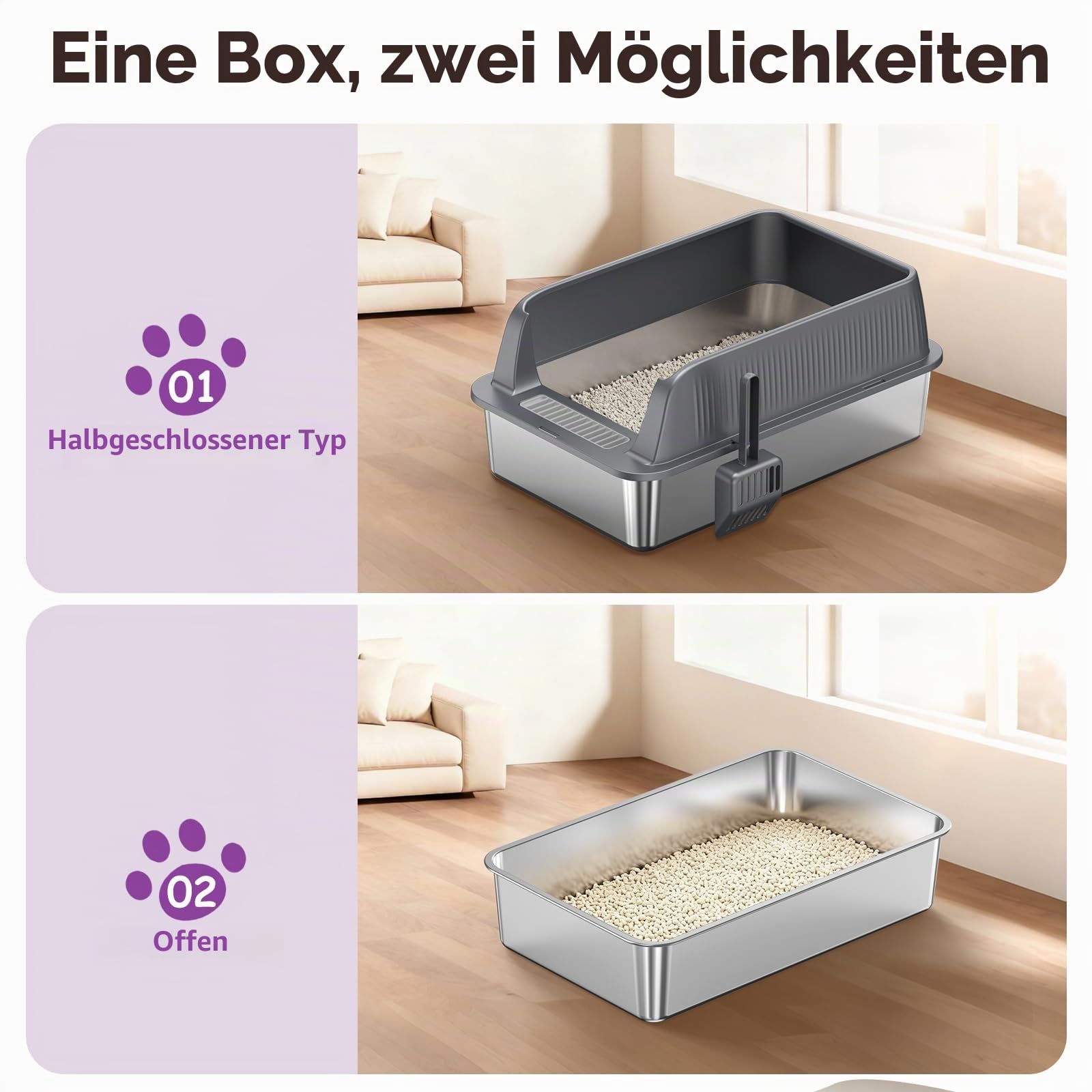 Edelstahl Katzentoilette Offen Hochseitig, Dunkelgrau, 1 Stück