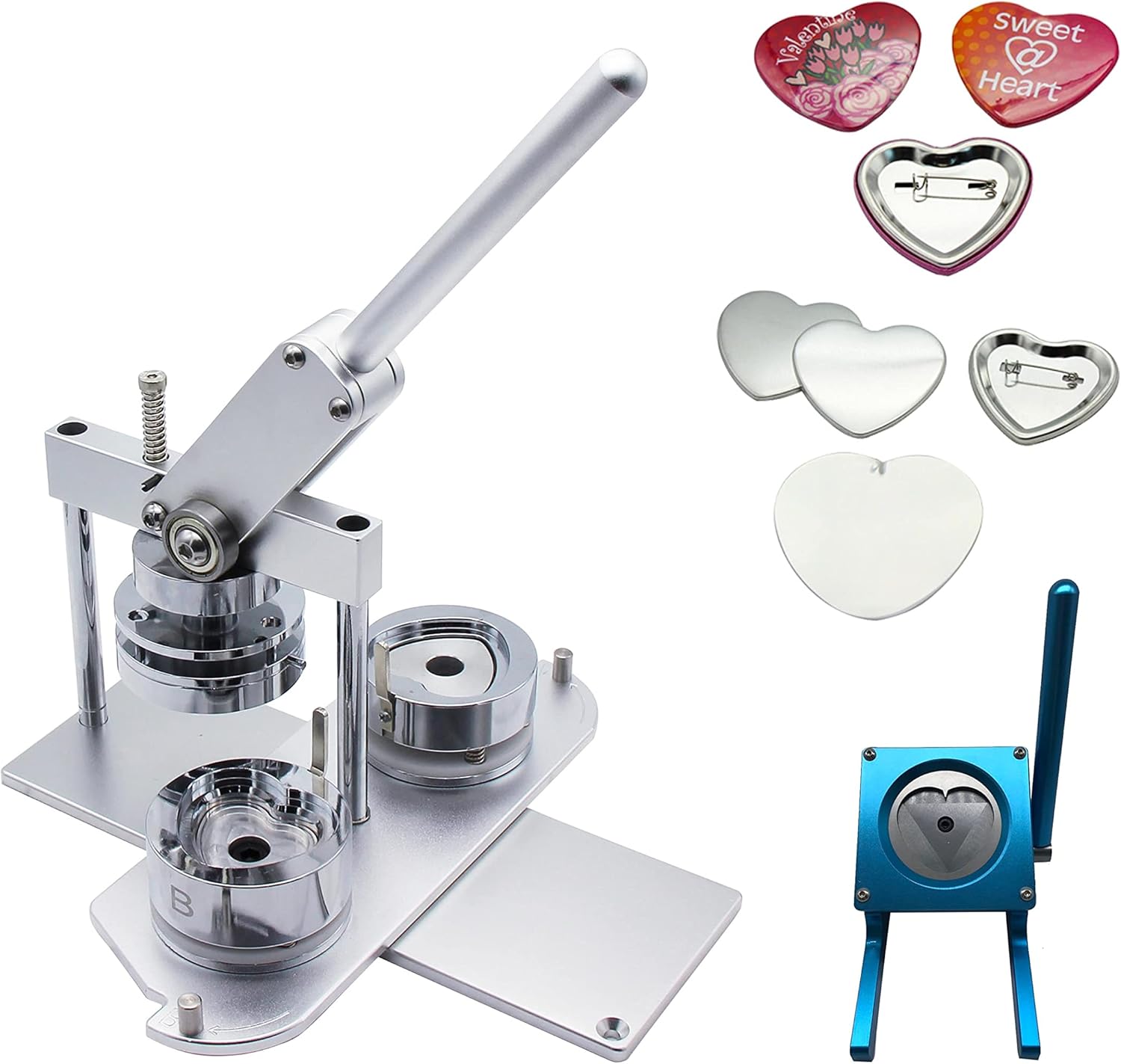 ChiButtons (KIT) Heart 53x57.5mm Pro Badge Machine Button Maker-B400 + Mould + 100 Parts + Blue Stand Cutter Metric System (Silver)