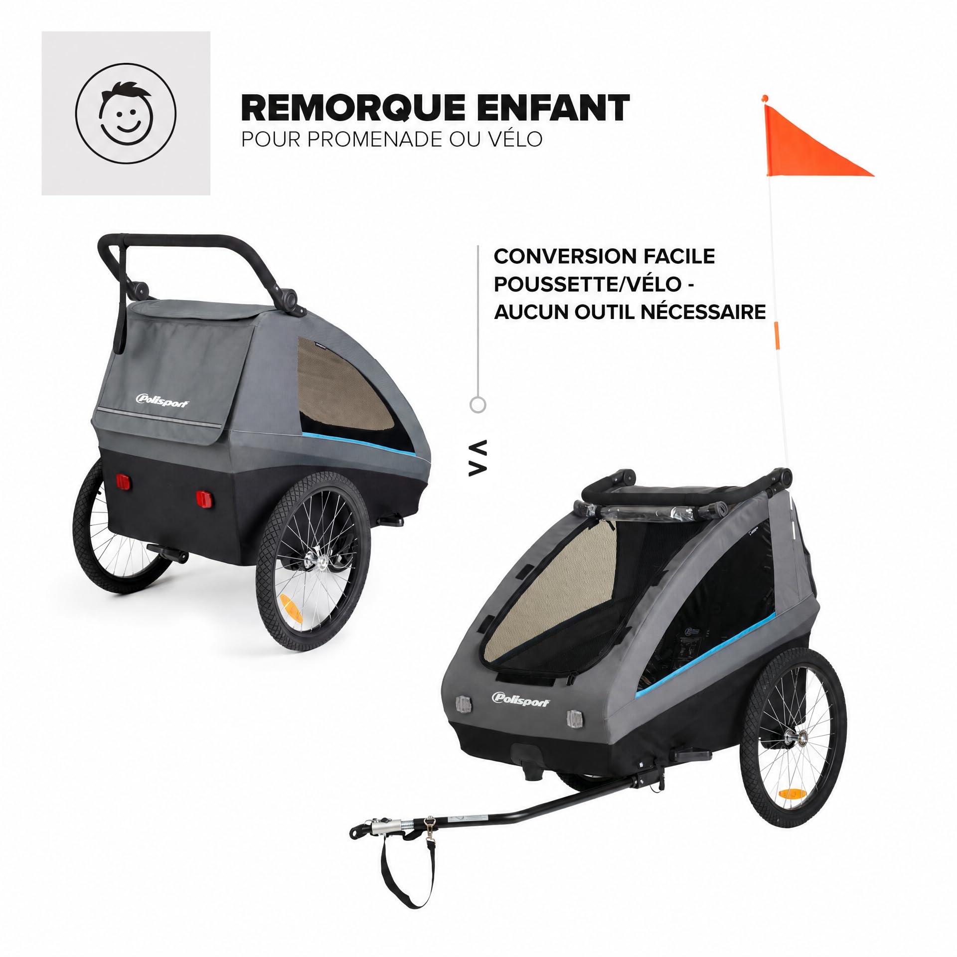 Polisport Remorque Vélo Enfant 2 en 1 avec Poussette, Noir/Gris