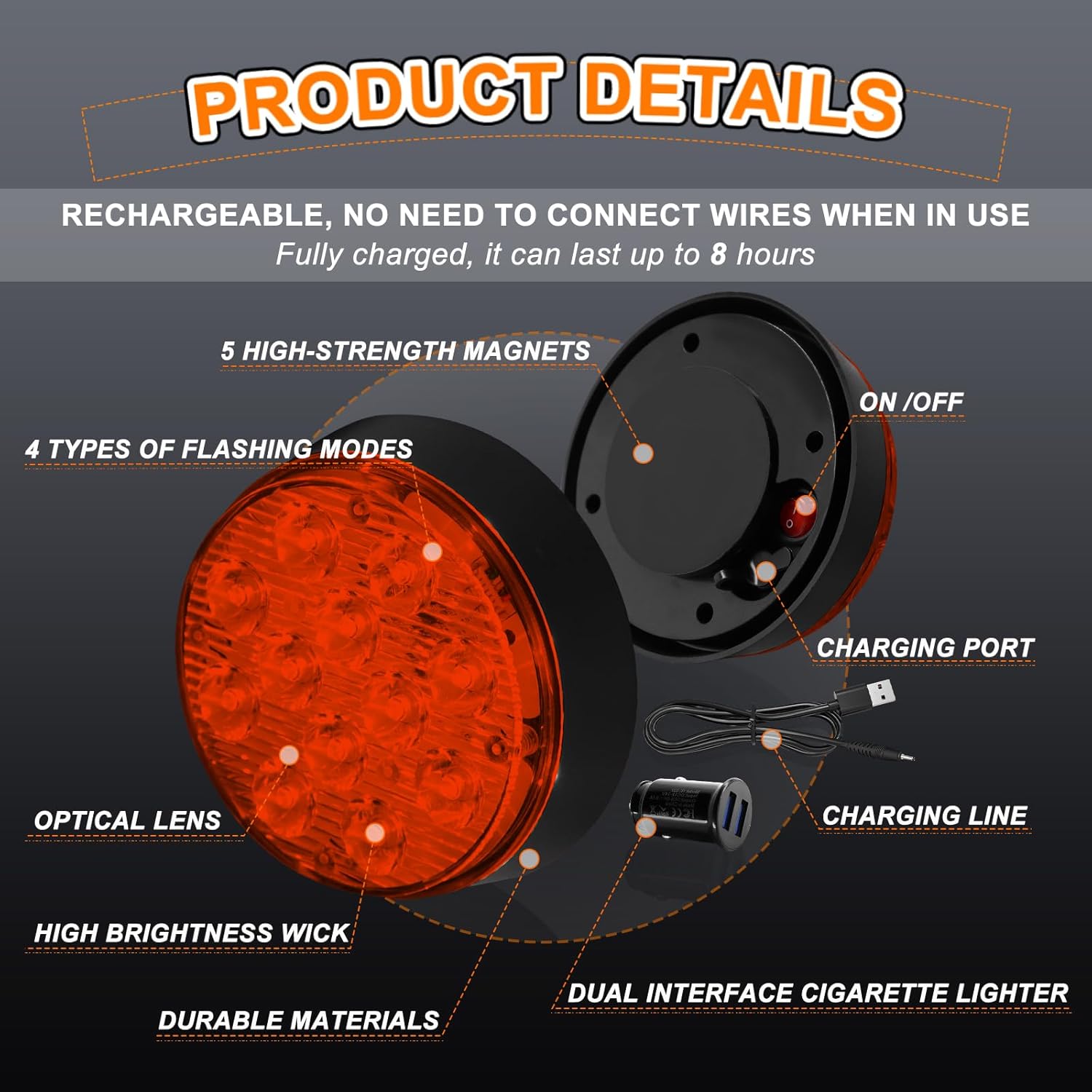 2PCS Amber Emergency Strobe Lights,Super Magnetic Strobe Beacon Lights for Trucks Vehicles Cars Rechargeable LED Road Flares Flashing Warning Emergency Caution Lights for Trucks Trailers RV