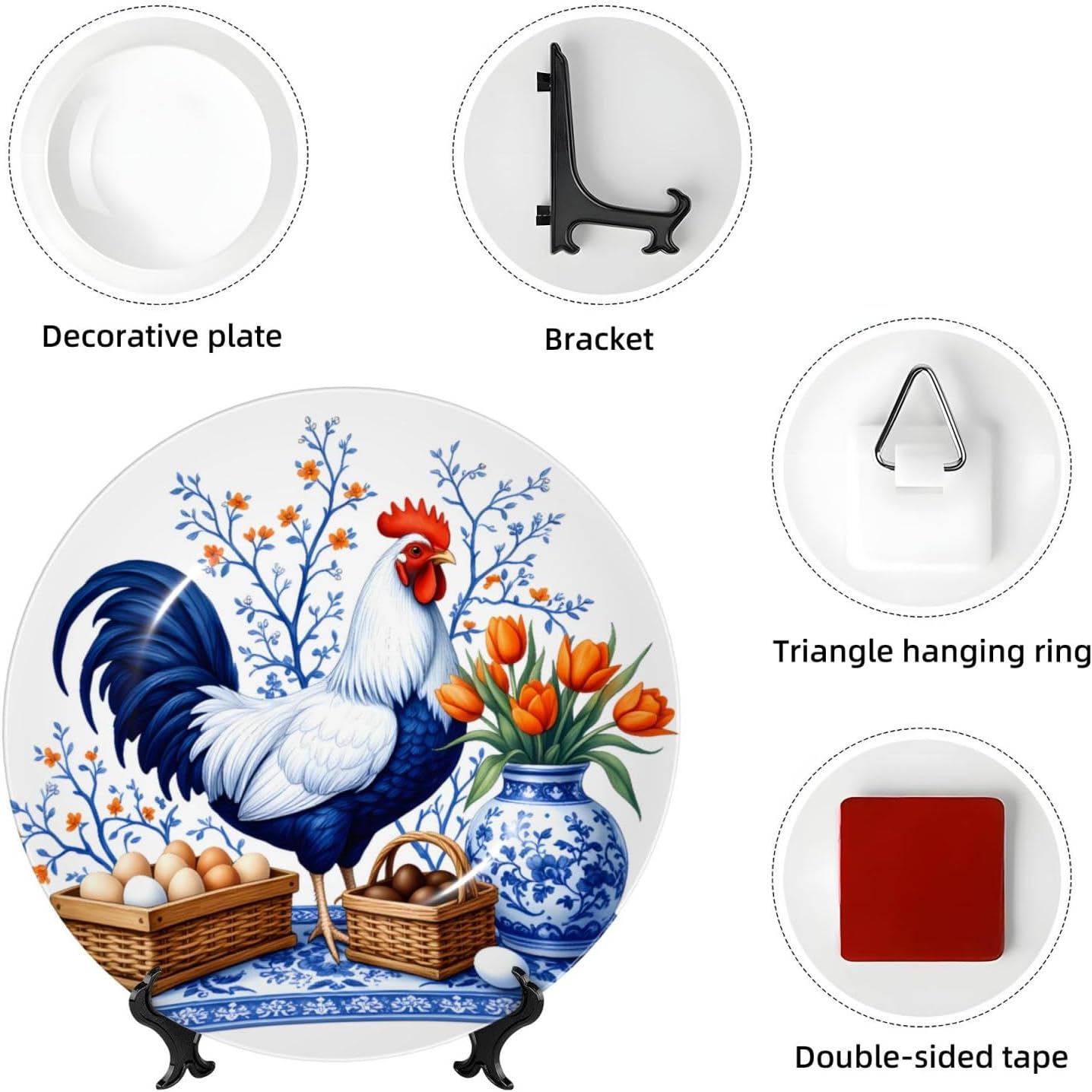 Egg Basket Rooster Vase Style Ceramic Plate Display Decorative Plate With Stand Wall Hanging Plate For Home Decor 10 Inch