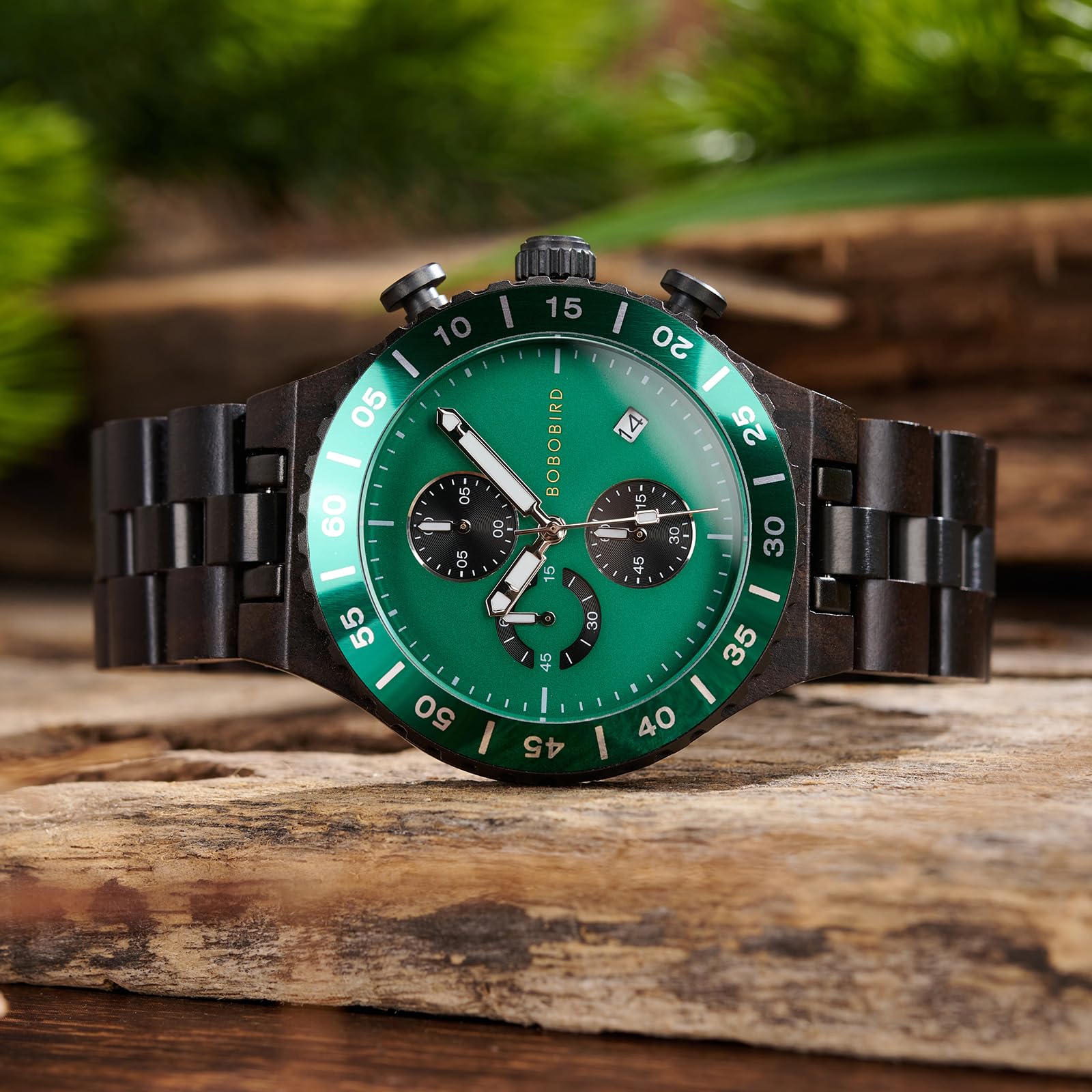 BOBO BIRD Orologio da uomo in legno, cronografo, al quarzo, con datario, quadrante grande 43 mm, lancette luminose, orologio da polso in legno naturale e acciaio inossidabile, regalo per lui
