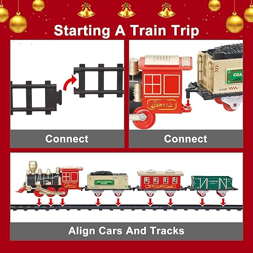 Miniatura 5 de Juego de tren eléctrico de Navidad con luces y sonidos, tren para niños para árbol de Navidad con 3 autos y 10 vías de tren, modelo de tren para