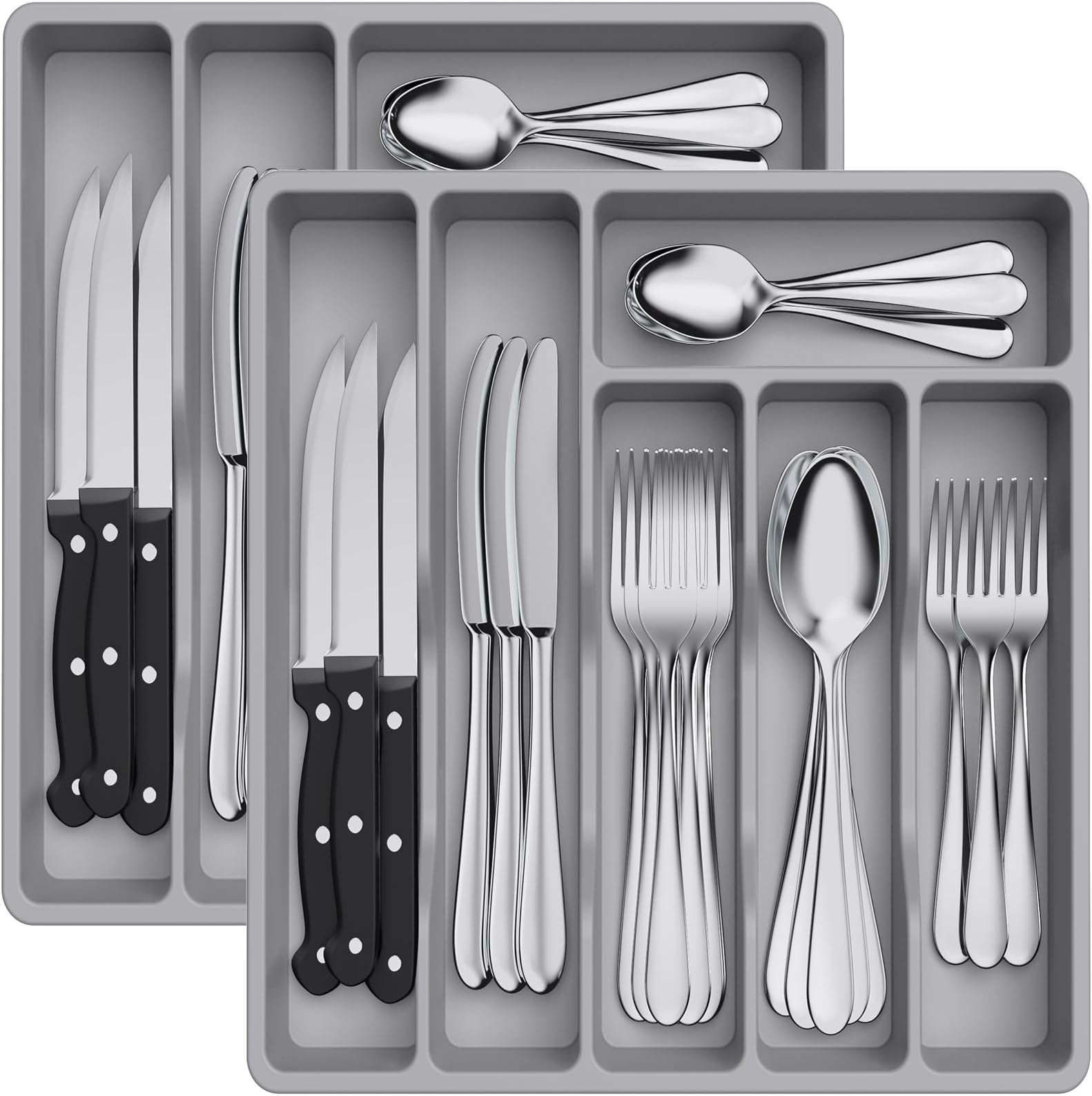 Lifewit 2 Pack Cutlery Drawer Organiser, Plastic Cutlery Tray for Kitchen Drawer, Utensil Flatware Silverware Holder Divider for Spoons Forks Knives Tableware, 6 Compartment,Grey