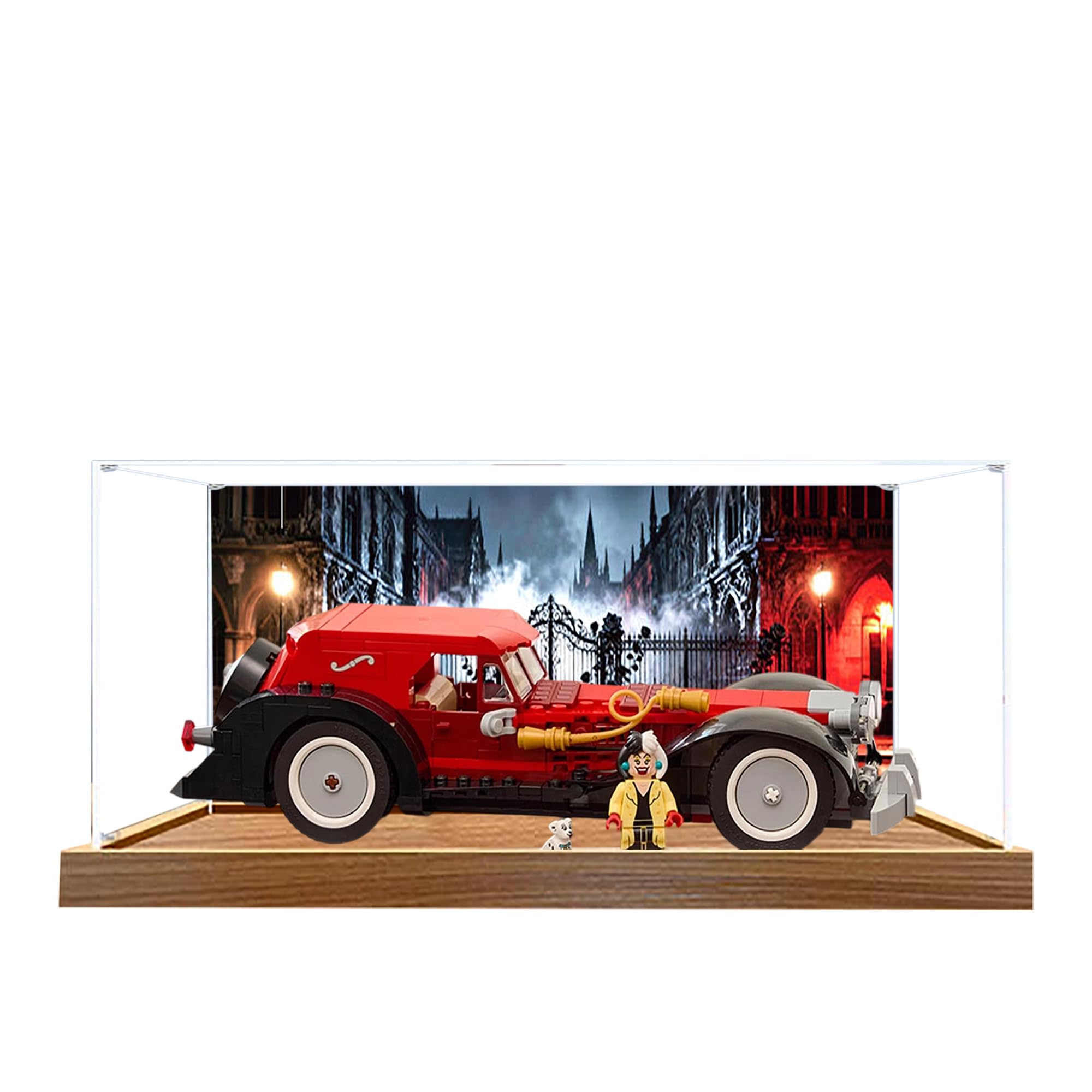 Acrylic Display Case for Lego 43277 Cruella's Luxury Car Model, 3mm Dustproof Display Box, Display Case Compatible with Lego 43277 (Model Not Included) (Background Wooden Base)