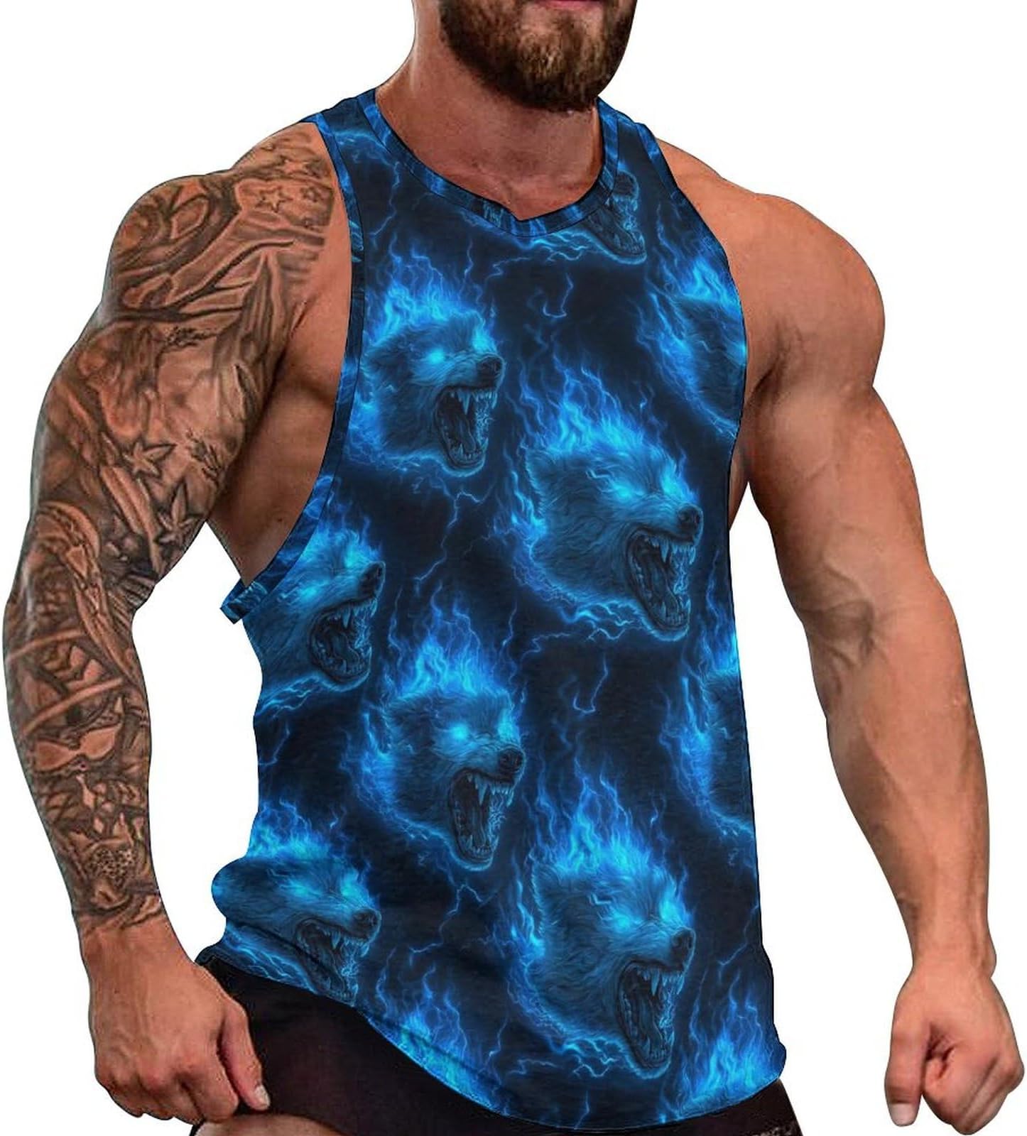 Lightning Wolf Head Blue Flame Print Tank Tops Men, Cut Off Workout Running Gym Muscle Sleeveless Shirts for Men