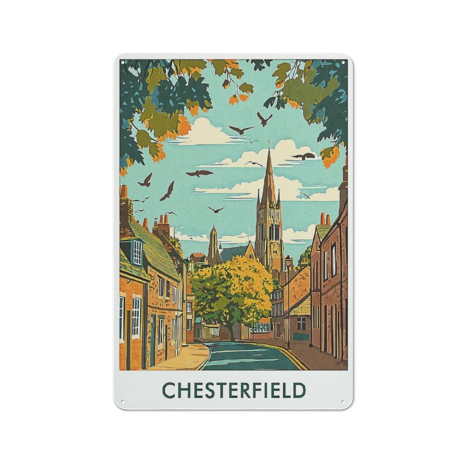 Junmoney Style-23 30X20cm Rustic Tin Sign With Chesterfield Town Scene For Home Office Or Studio, For Metal Sign Collectors, For Garage And Workshop Walls