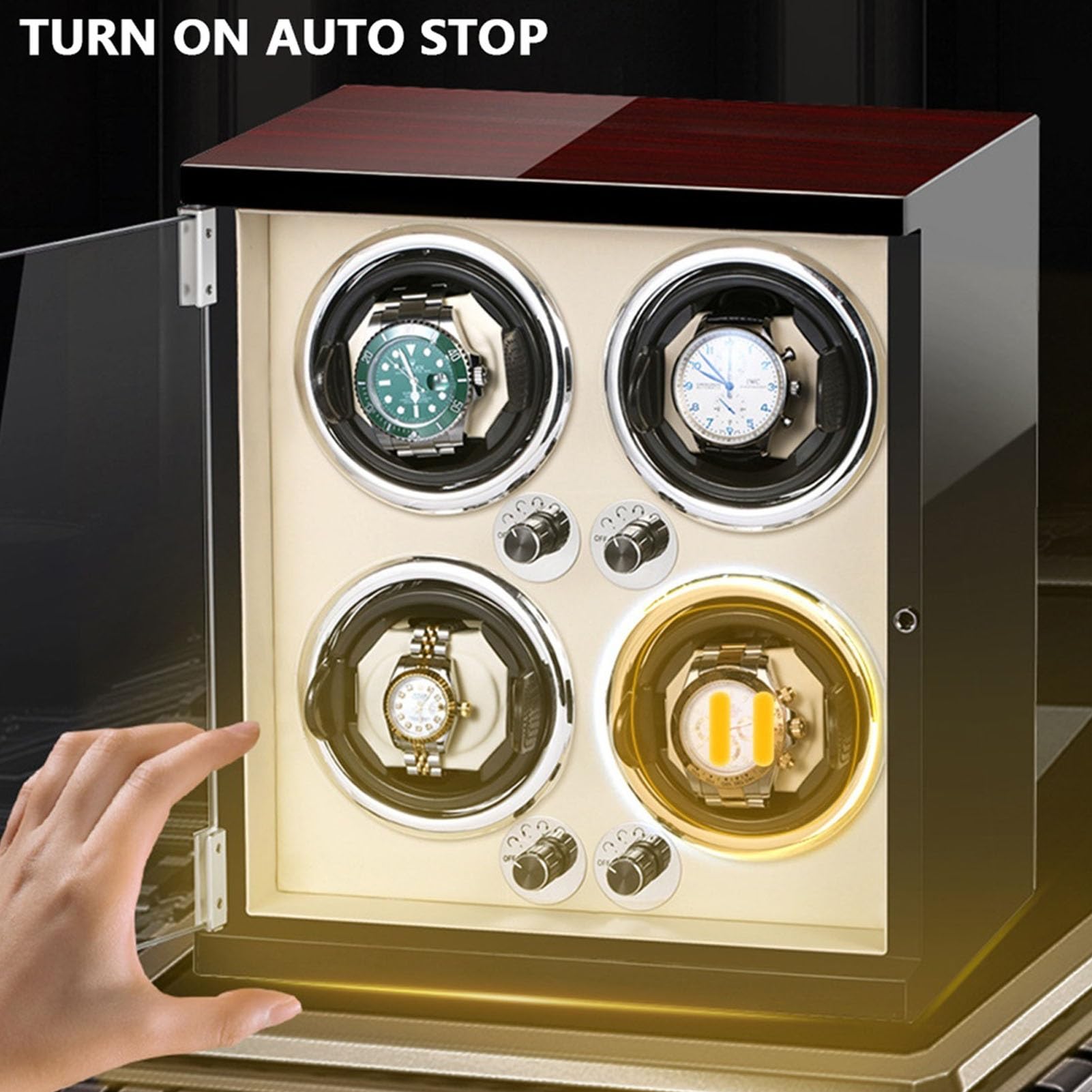 Lussuoso Carica Orologi Doppio, Custodia per Orologi, Guscio in Legno, Pianoforte, Scatola Girevole per Orologi a Carica Automatica con luci LED, Cuscini per Orologi rego，Beige Pu-2+0