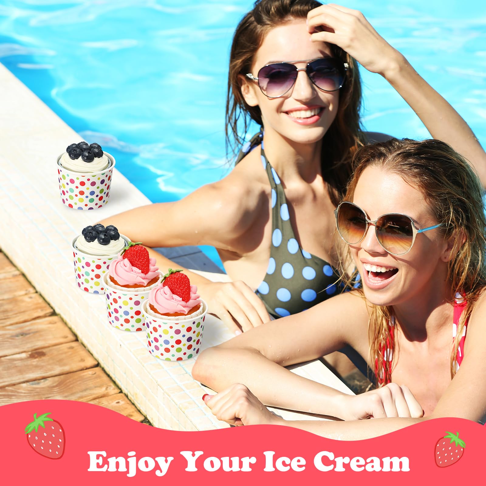Honeydak Paquete de 400 vasos de helado de lunares arcoíris de 150 ml para fiestas, vasos de papel desechables para dulces, postres, aperitivos, yogur, boda, fiesta de cumpleaños