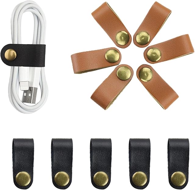 12Pcs Reusable Leather Cable Straps Cable Earphone Cord Management Ties for Computer TV Electronics Brown and Black