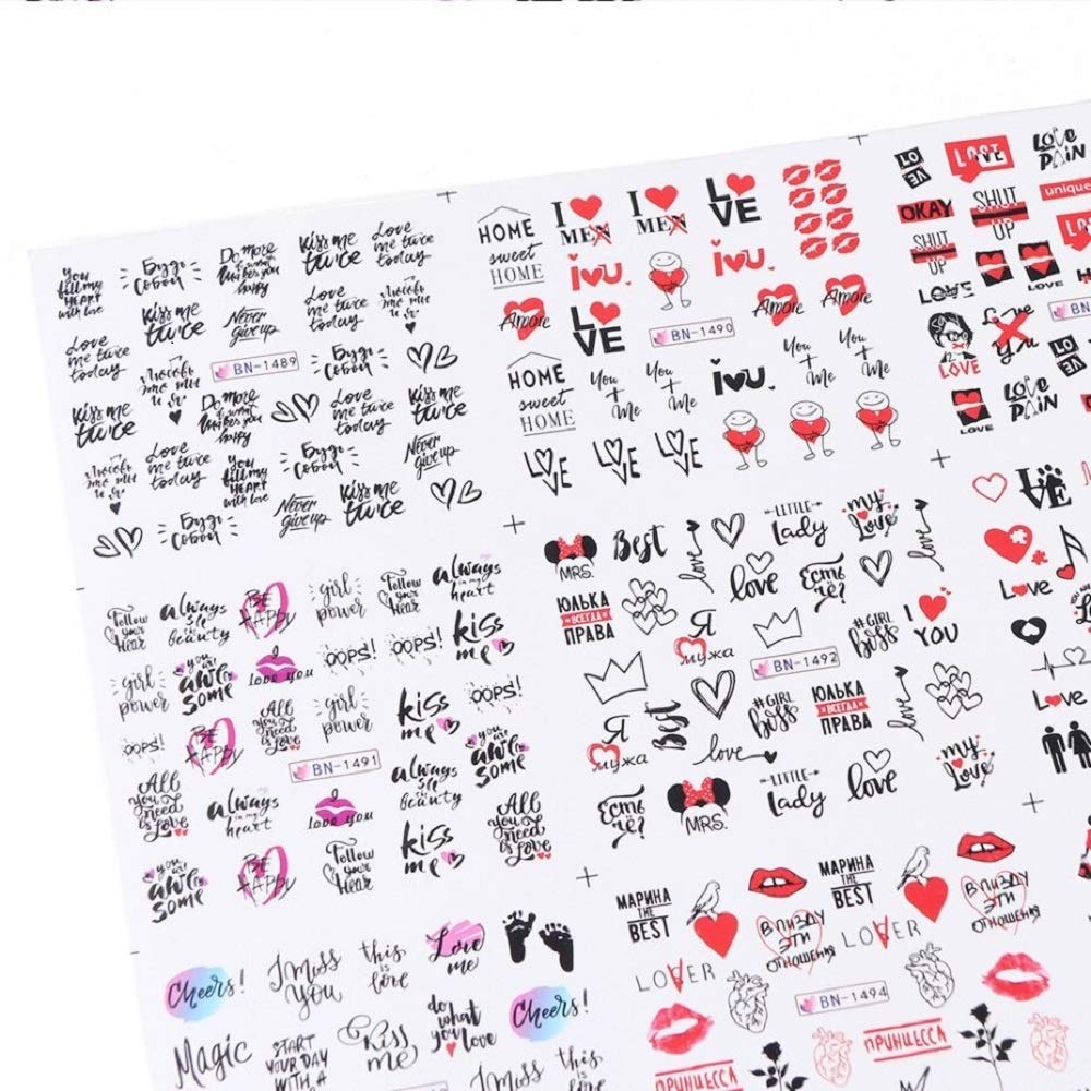 12 diseños de calcomanías de Agua, Letras Negras, Pegatinas de Transferencia para uñas, Deslizador de lámina de corazón de Amor, Arte de uñas DIY, Puntas Decorativas