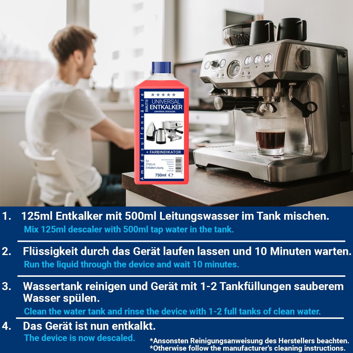 6 descalcificadores concentrado universal de 750 ml, como para cafeteras automáticas, hervidores de agua, etc. – para 6 descalcificaciones/aplicaciones cada una de 125 ml