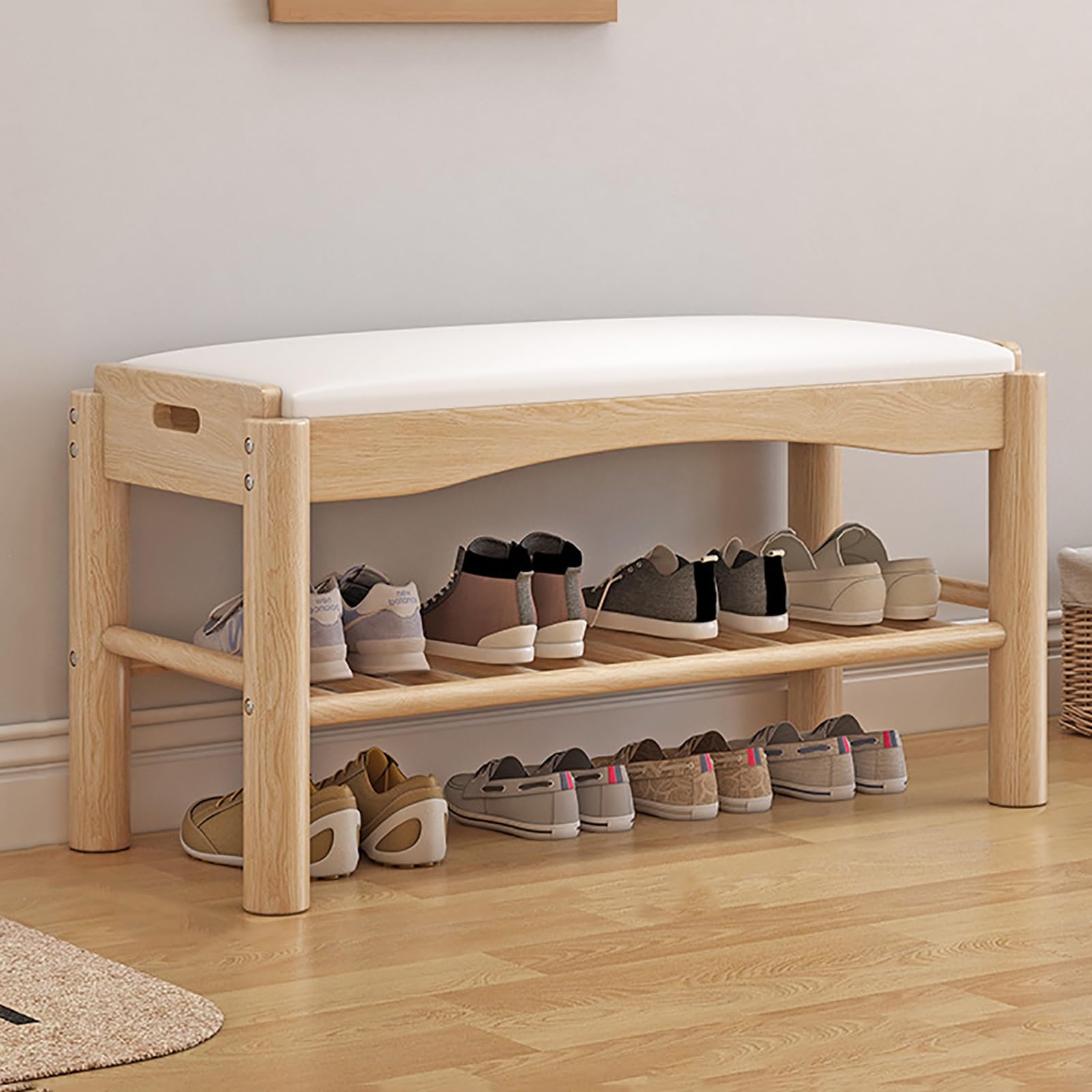 Meuble élégant pour chaussures en bois naturel avec coussin de rangement de 8 paires