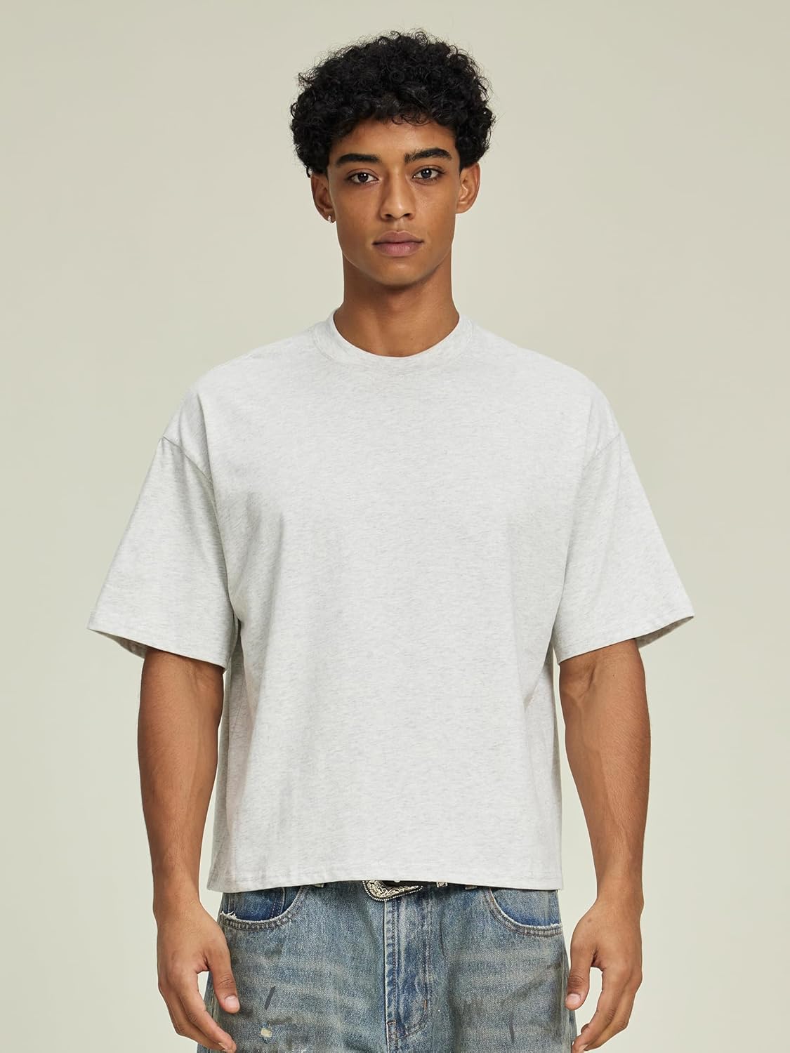 QJT Cropped Oversized Men's T-Shirts Cotton Fashion Boxy T Shirt Short Sleeve Crew Neck Tee for Men - Image 2