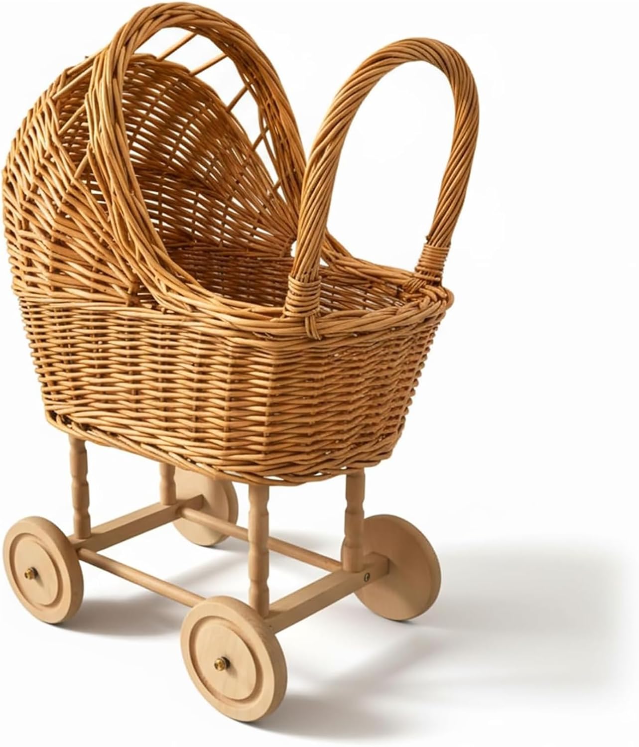 Handwoven Rattan Flower Basket on Wheels – Vintage Stroller-Style Wicker Planter for Fresh Flowers, Baby Gift, Wedding Decor, & Rustic Home Accent